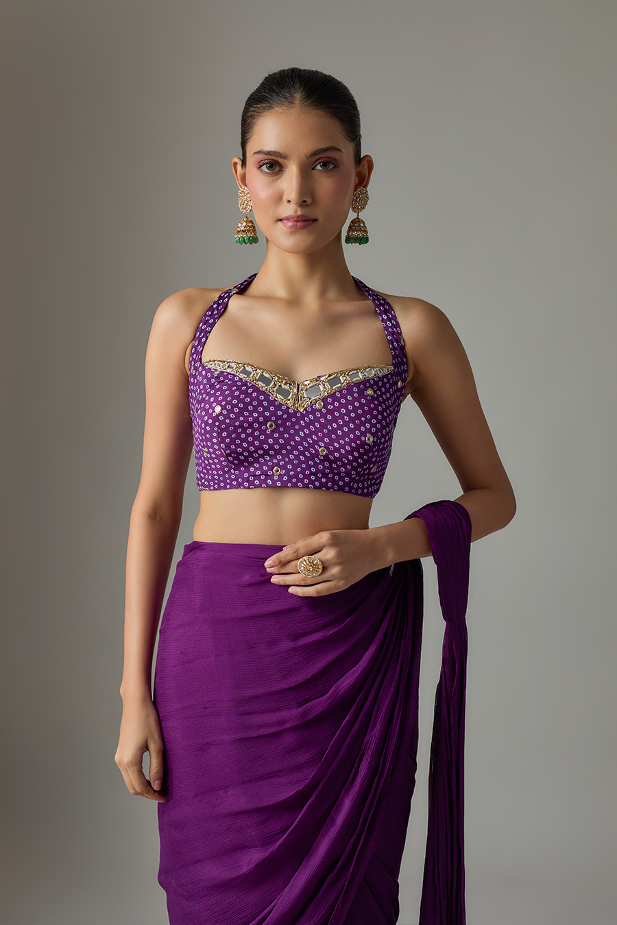 Purple Draped Chinon Saree Set