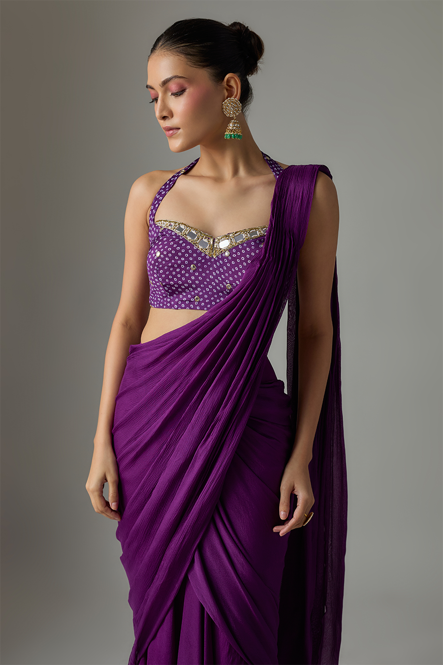 Purple Draped Chinon Saree Set