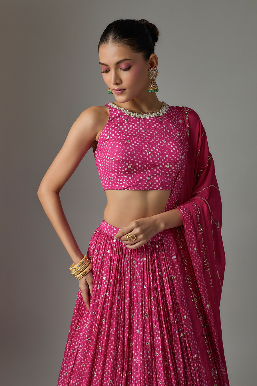Pink Chinon Bandhani Printed Lehenga Set