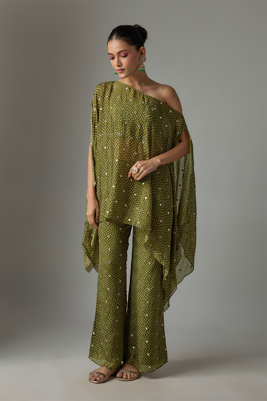 Mehendi Green Bandhani Kaftan Palazzo Set