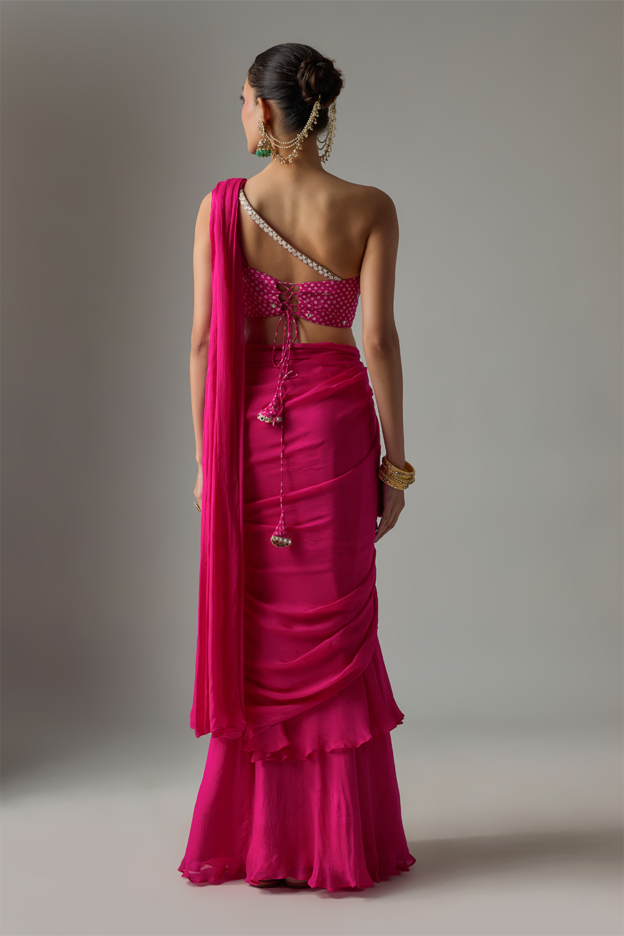 Pink Draped Chinon Saree Set