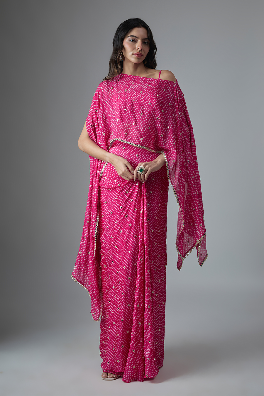 Pink Bandhani Printed Embroidered Cape & Skirt Set