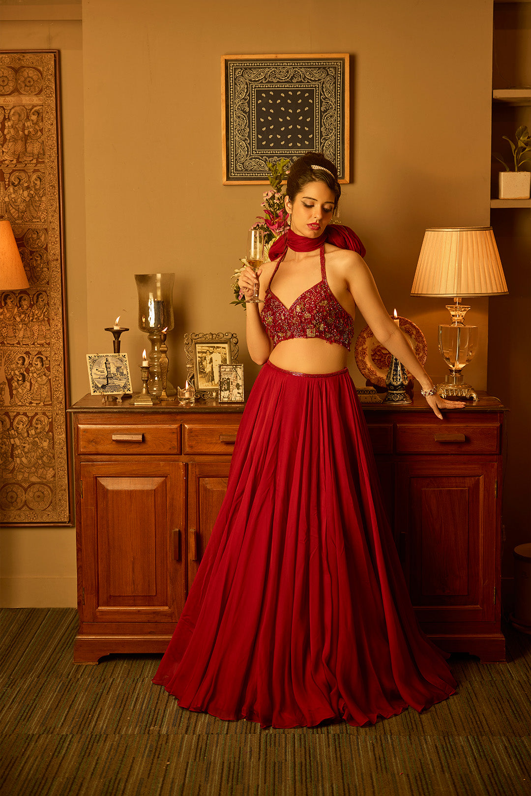 Maroon Organza Lehenga Set