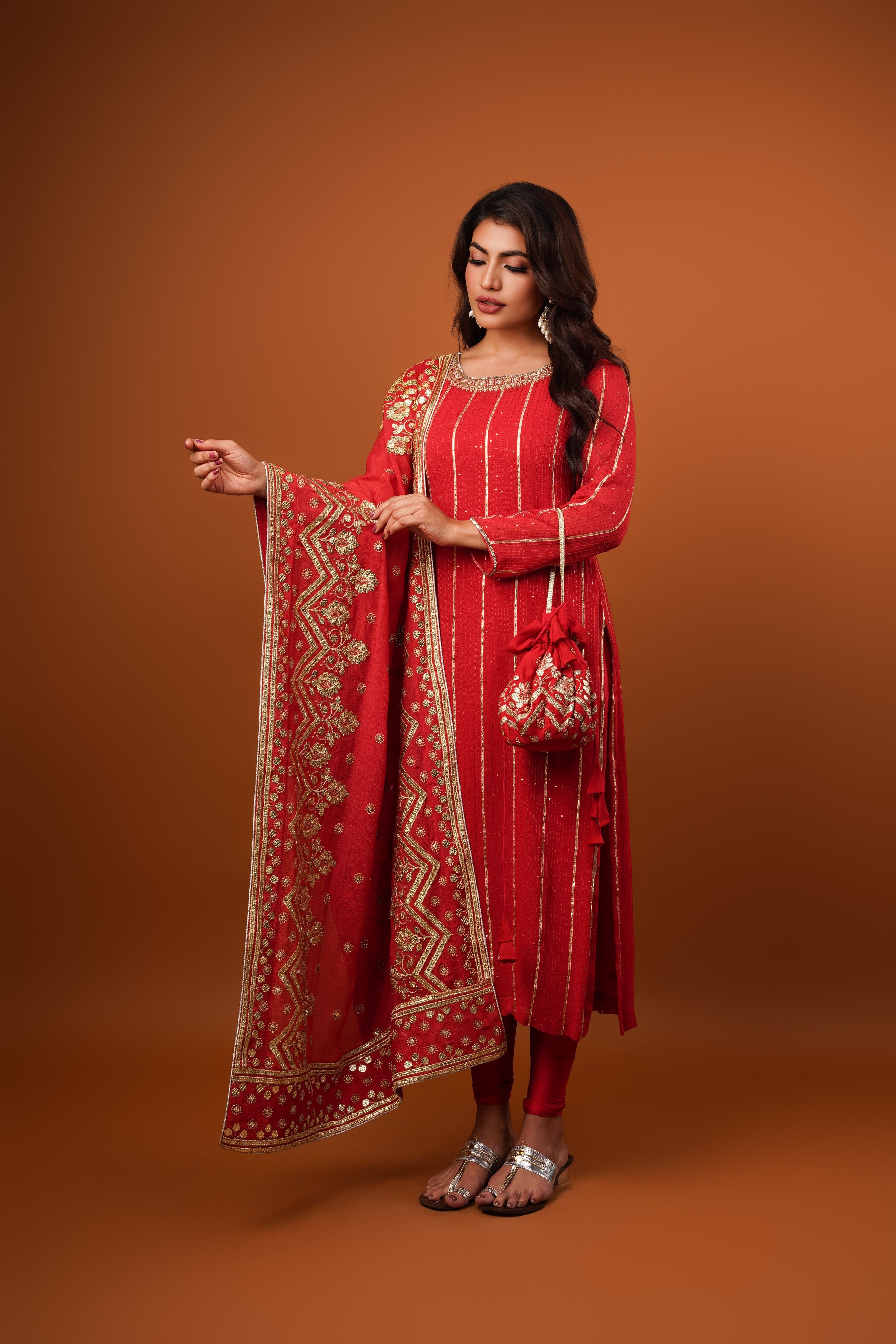 cherry red Georgette embroiderd kurta set