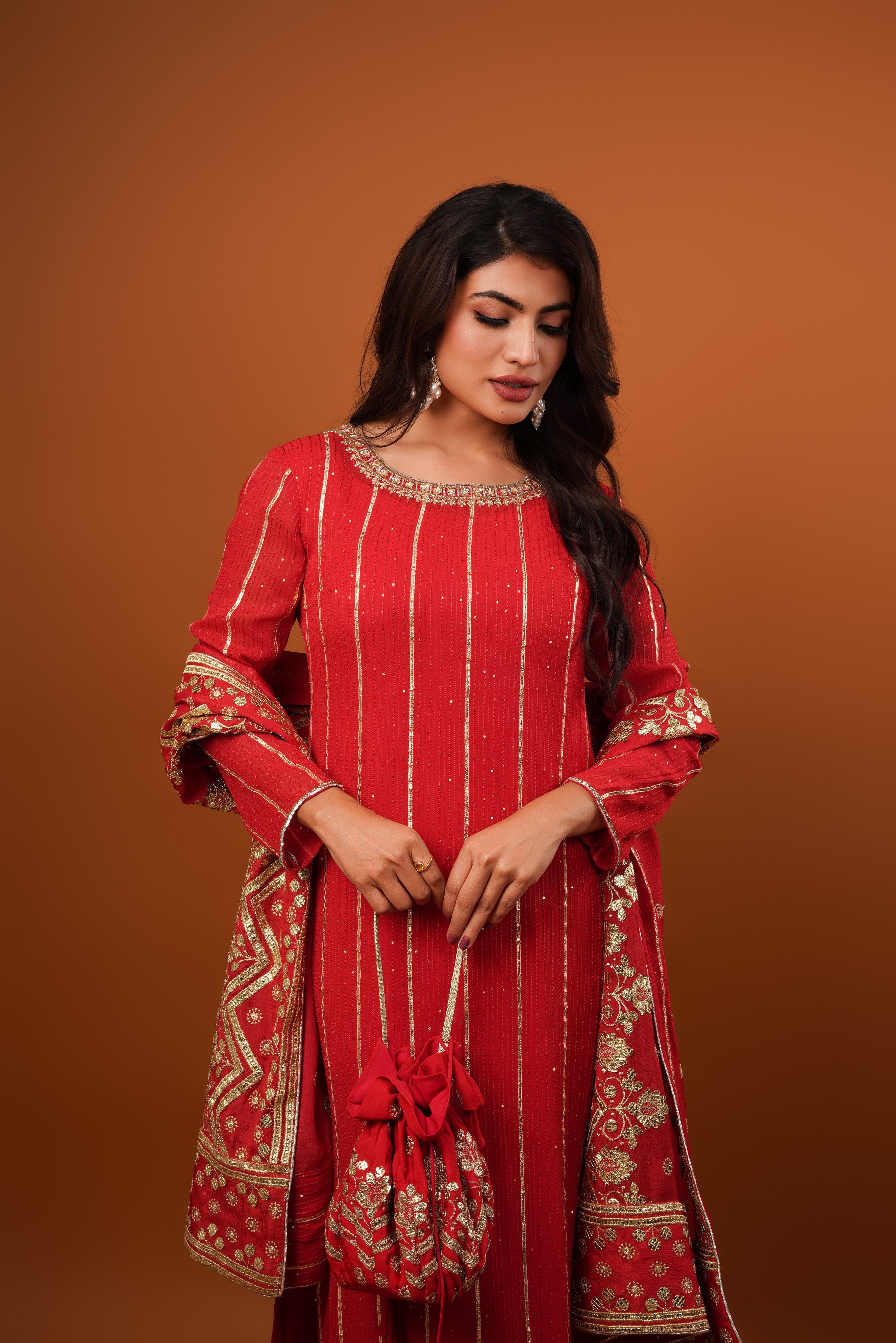 cherry red Georgette embroiderd kurta set