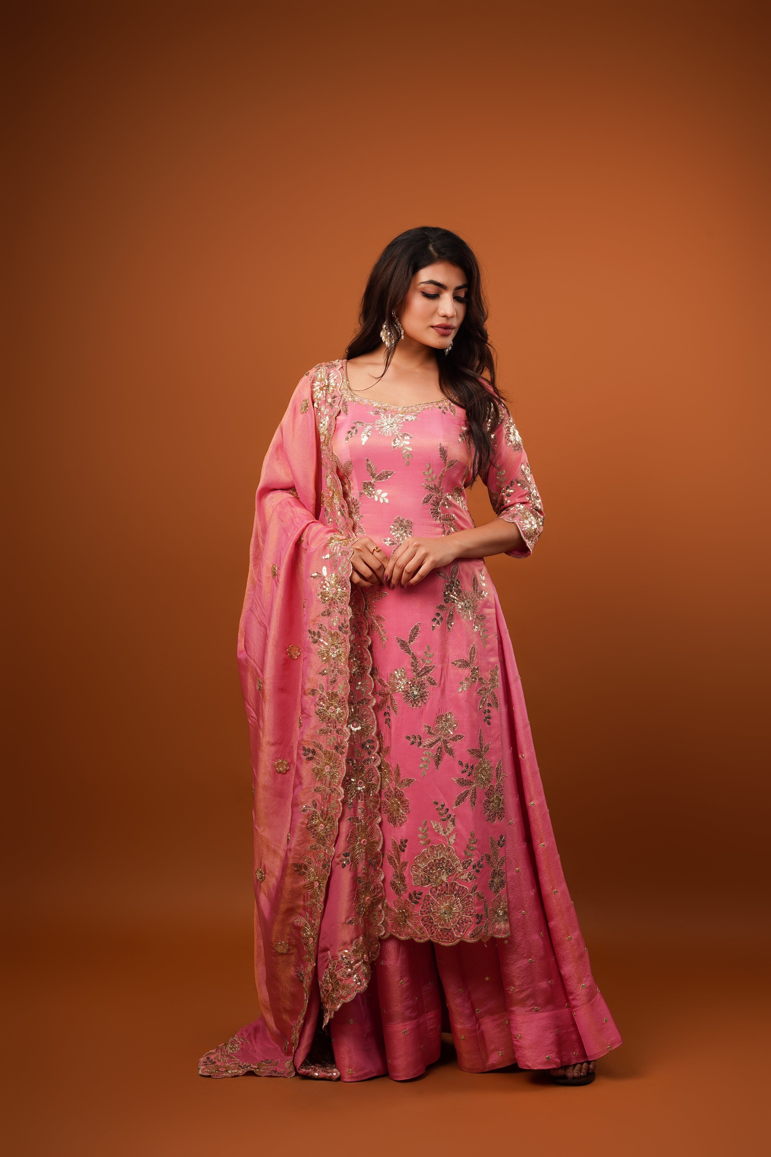 blush pink tissue Embroidered kurta set