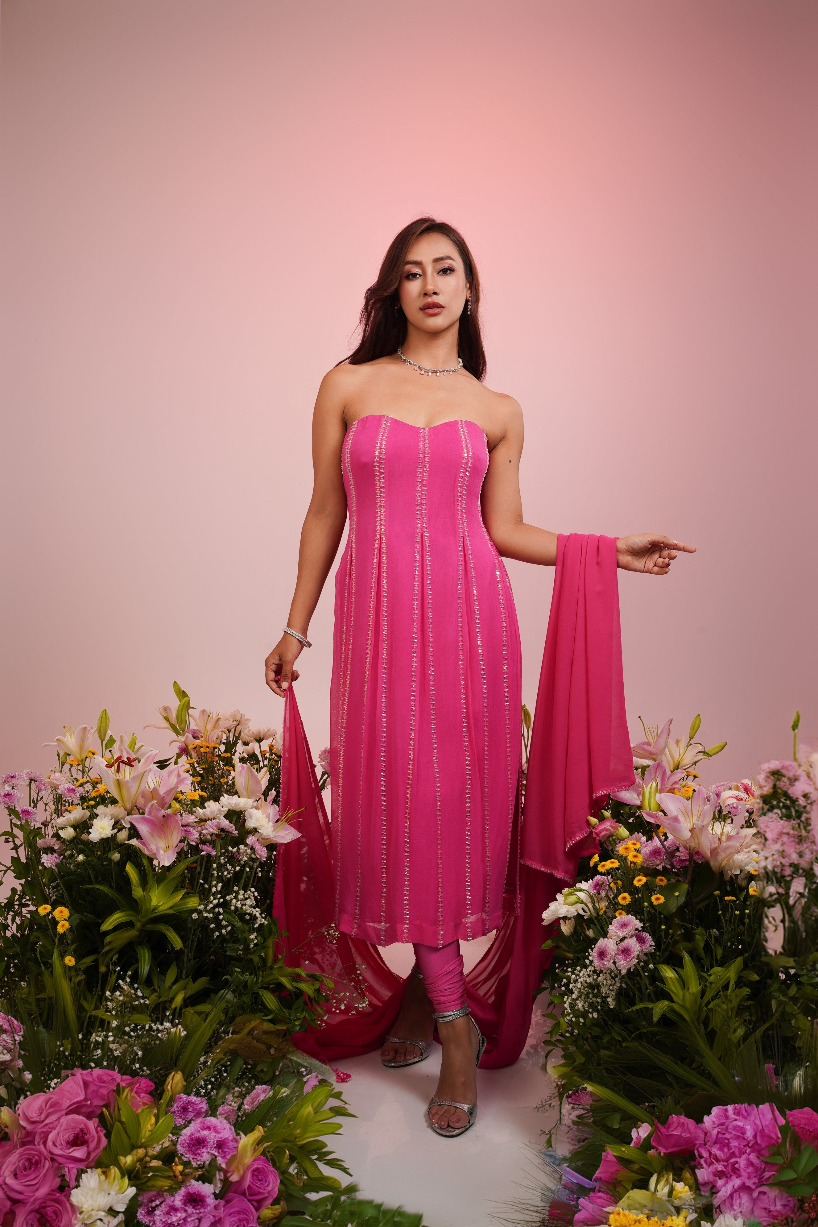 pink georgtte embroidered kurta set