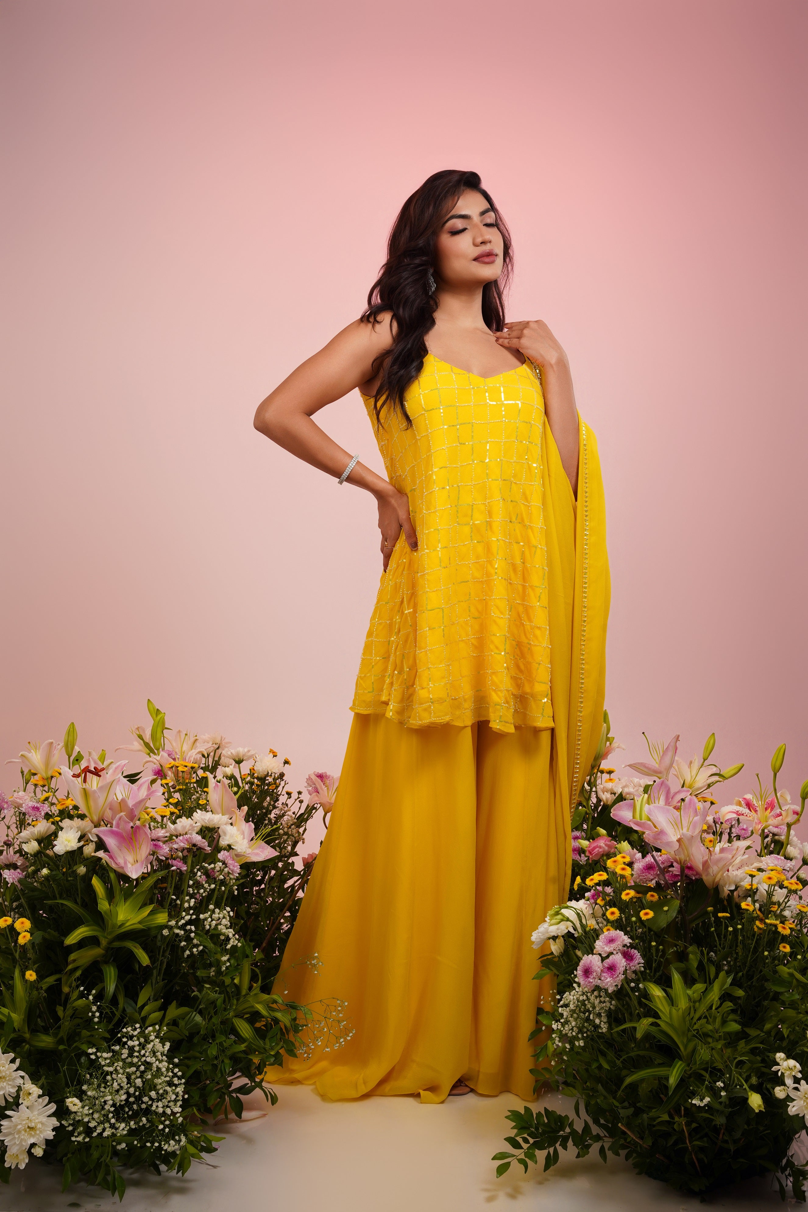 yellow georgtte embroidered sharara set