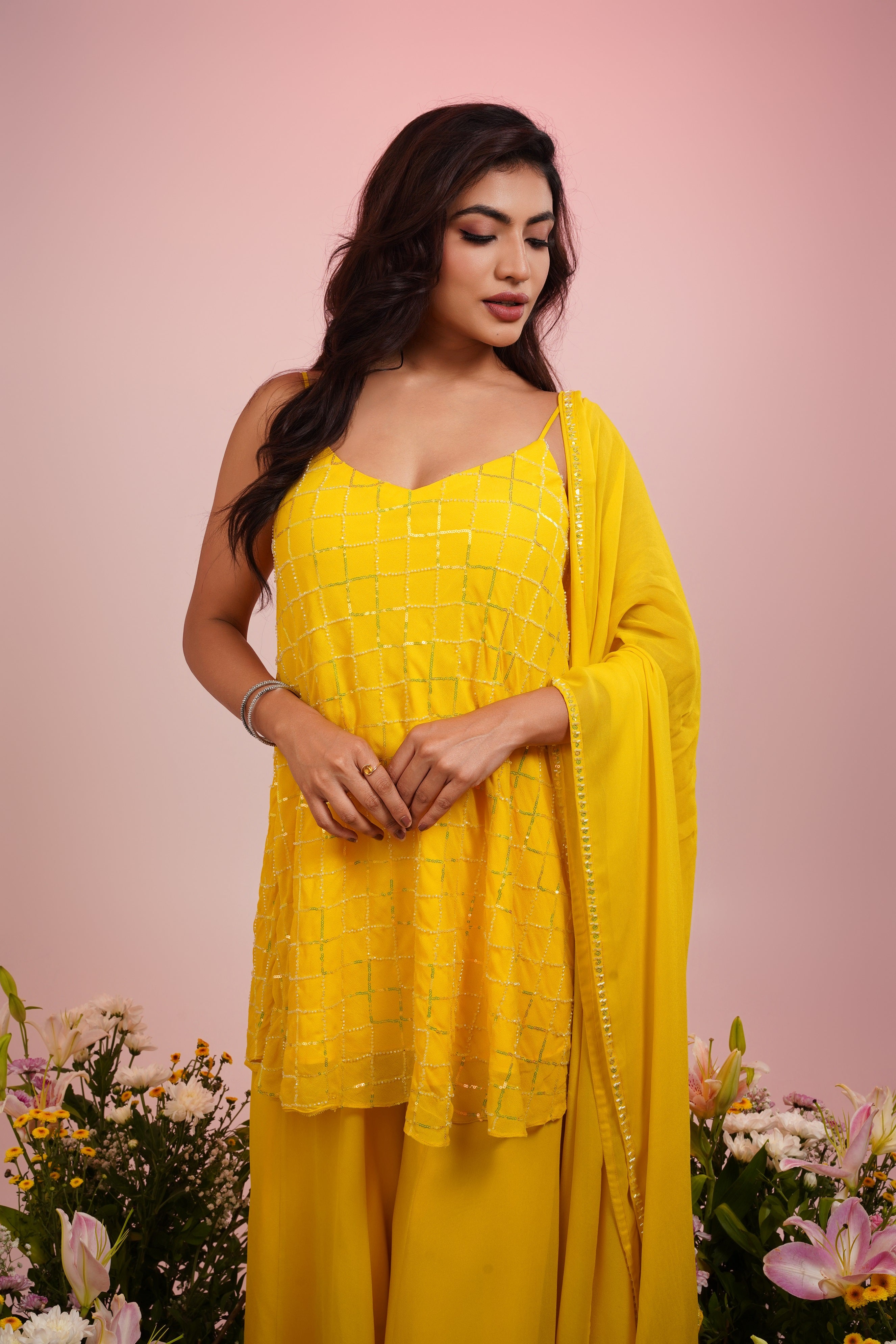 yellow georgtte embroidered sharara set