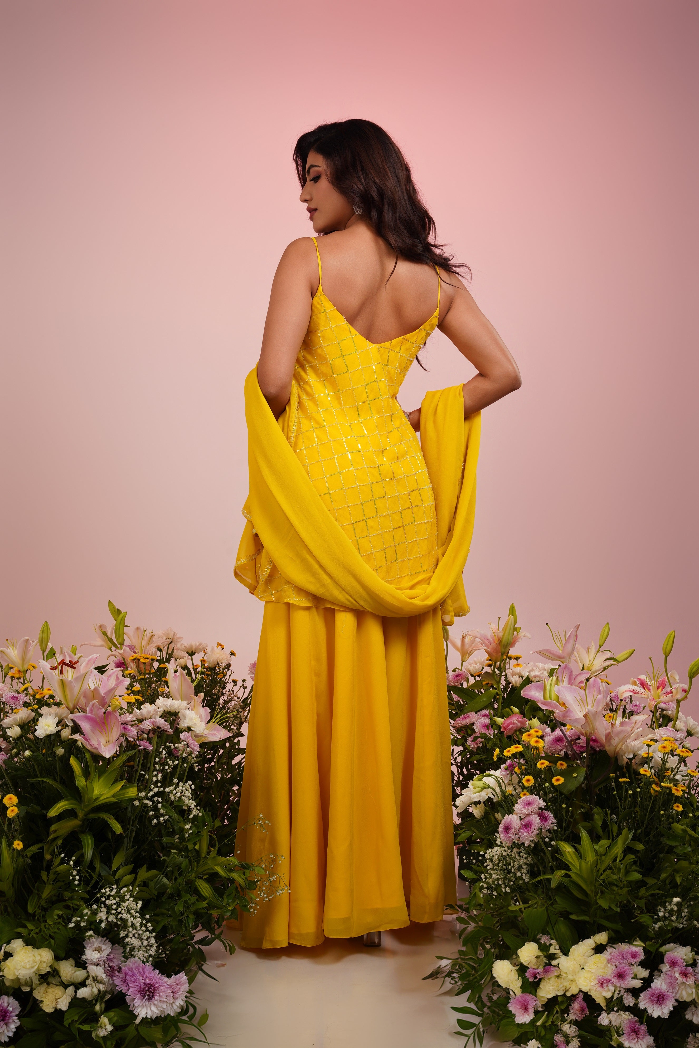 yellow georgtte embroidered sharara set