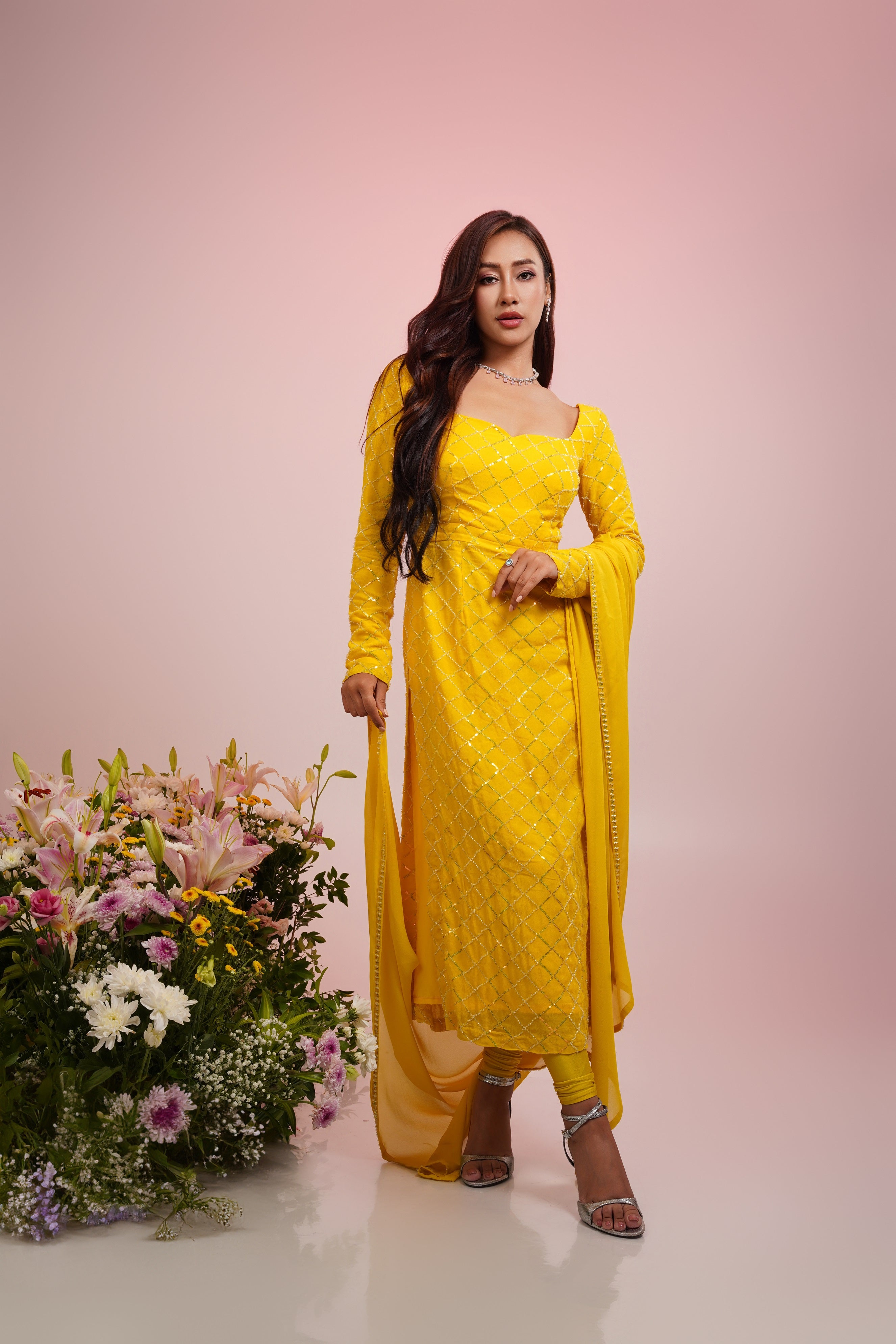 yellow georgtte embroidered kurta set