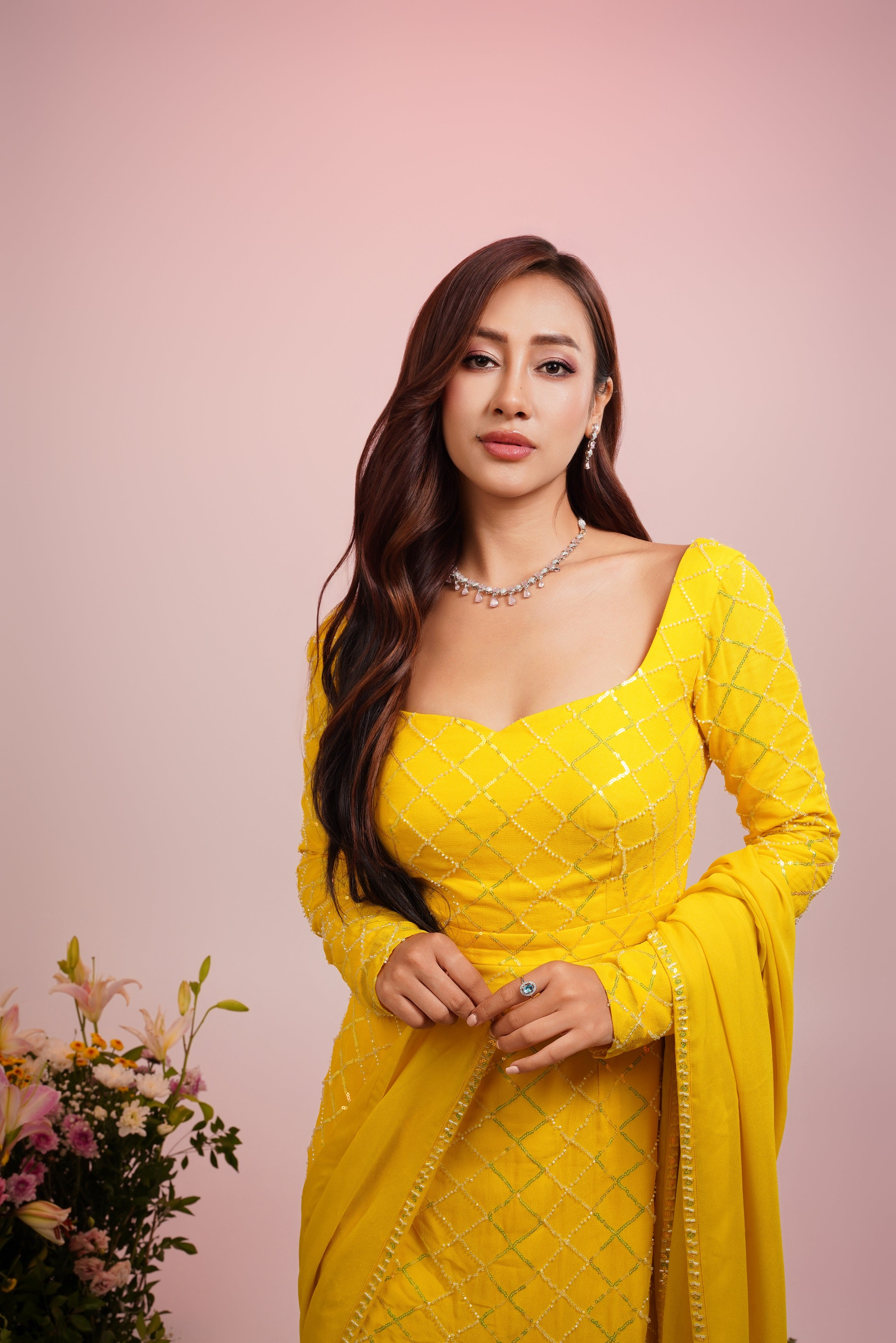 yellow georgtte embroidered kurta set