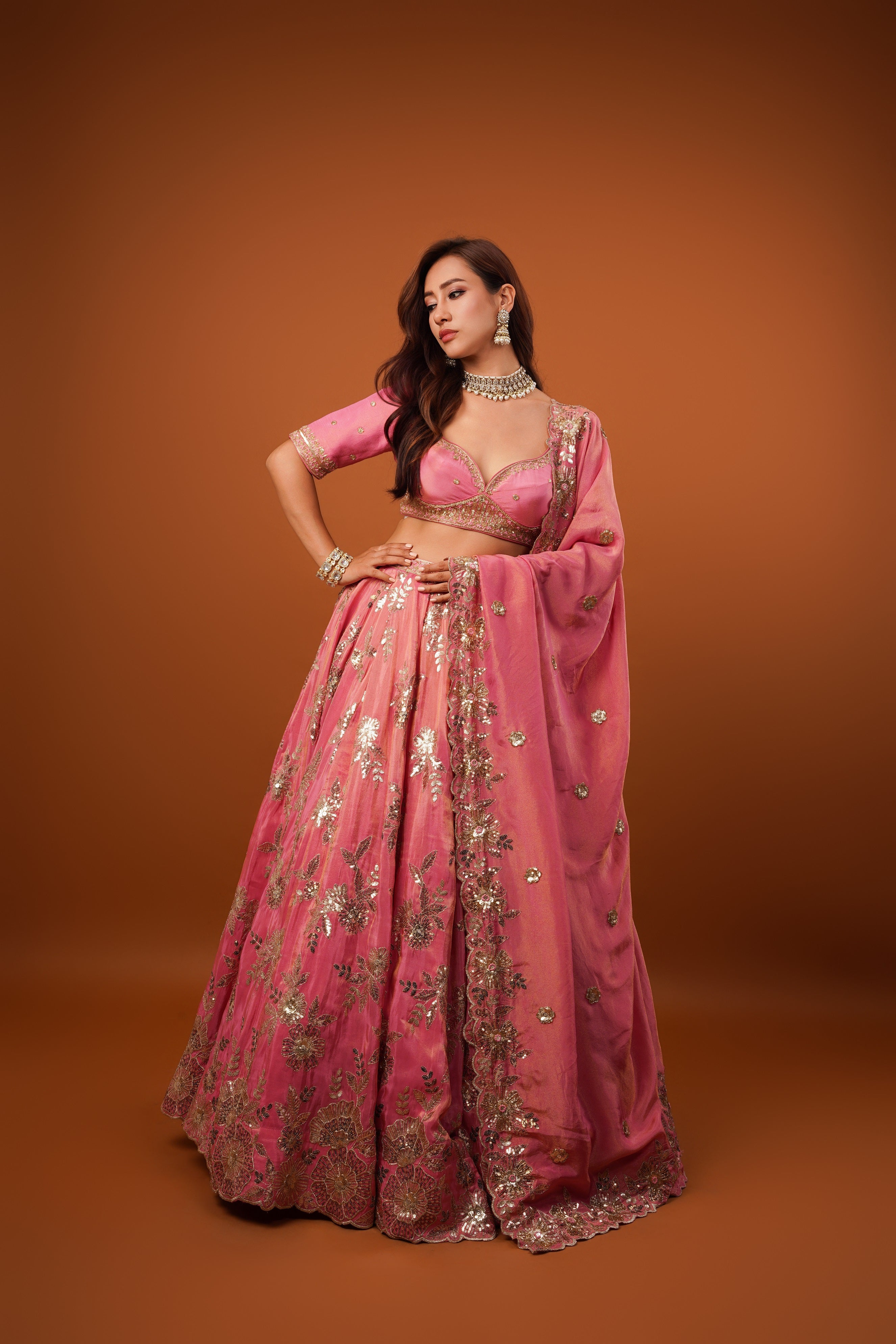 Blush pink tissue Embroidered lehenga