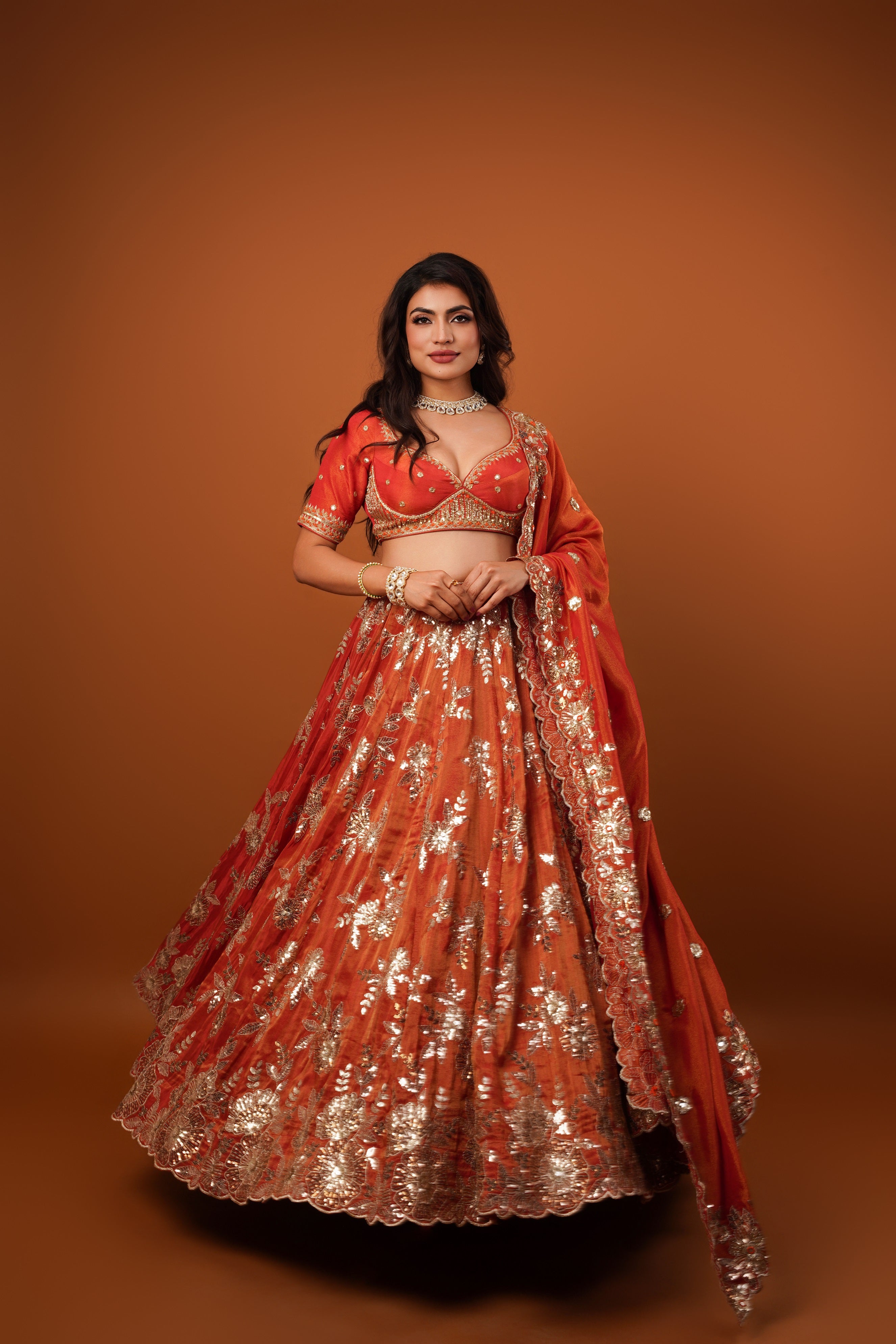 rust gold tissue Embroidered lehenga