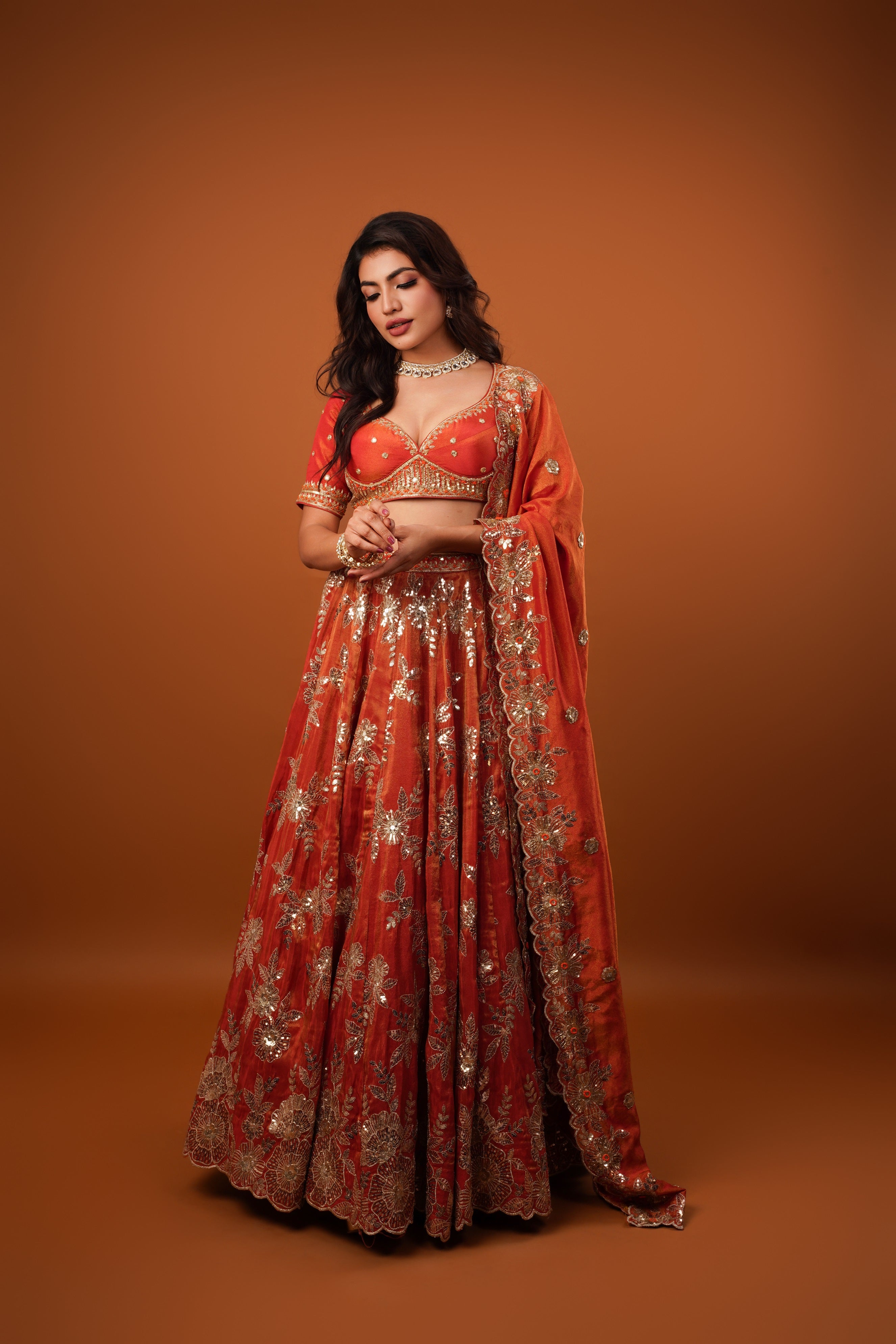 rust gold tissue Embroidered lehenga