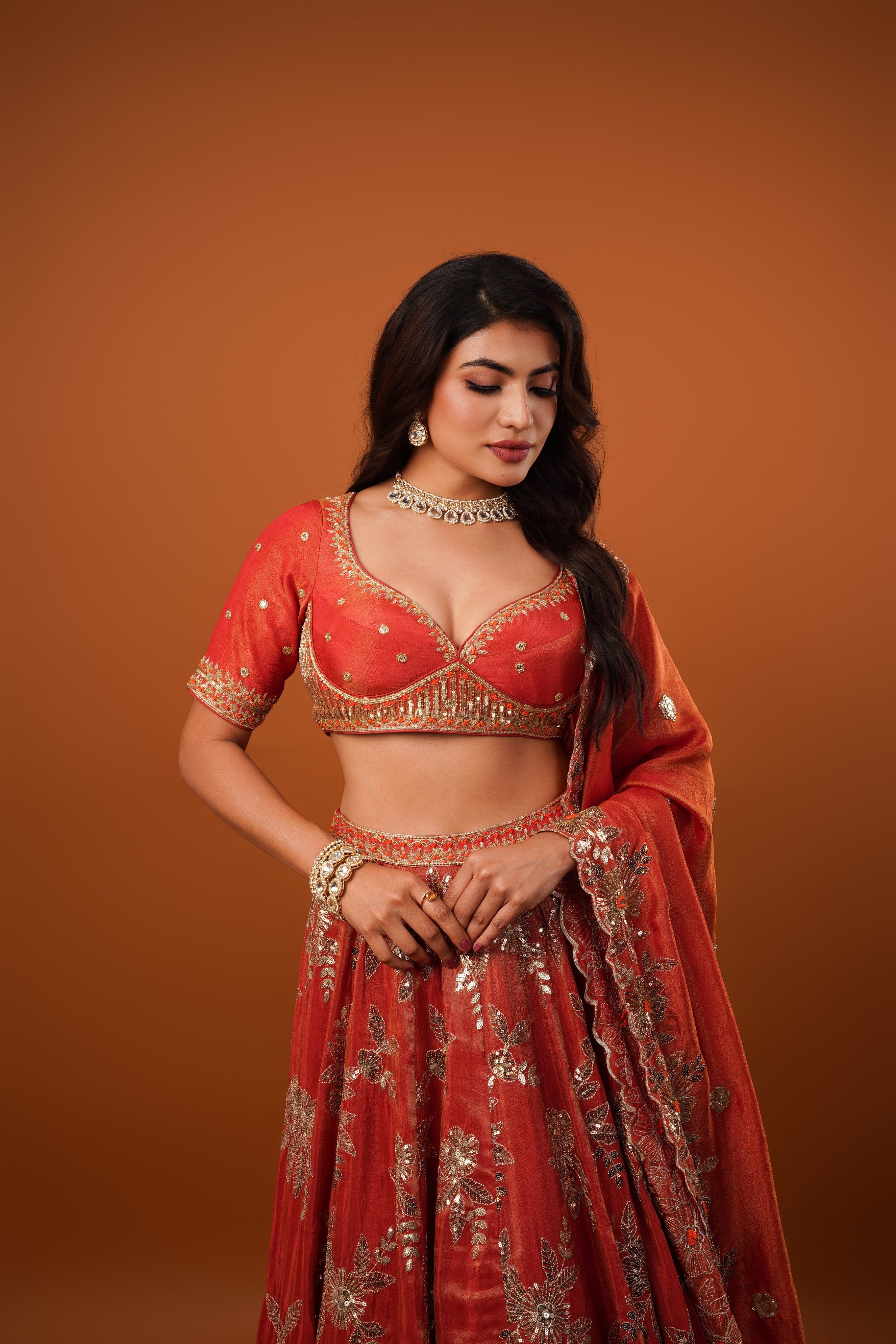 rust gold tissue Embroidered lehenga