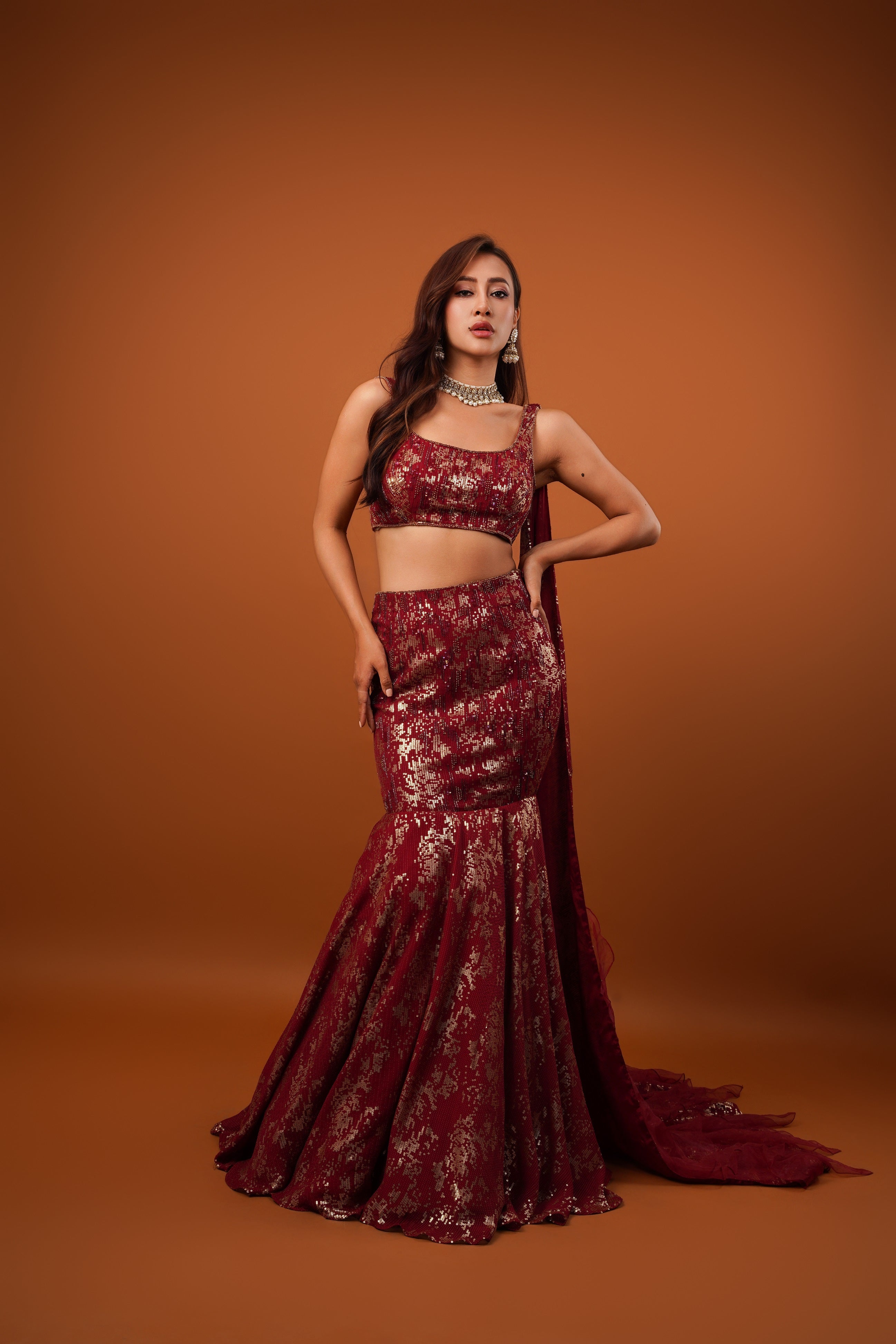 Maroon Georgette Sequins Embroidered lehenga