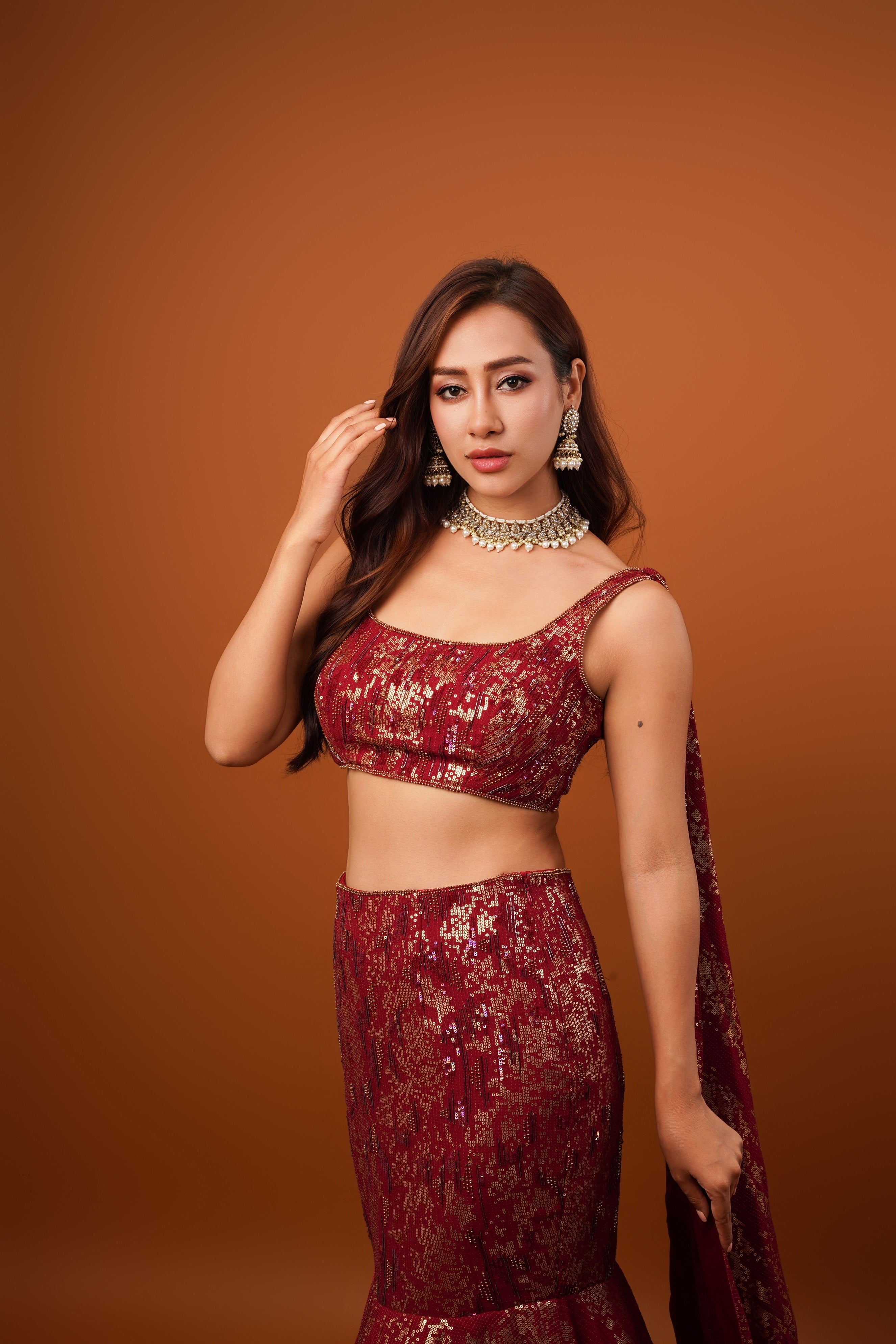 Maroon Georgette Sequins Embroidered lehenga