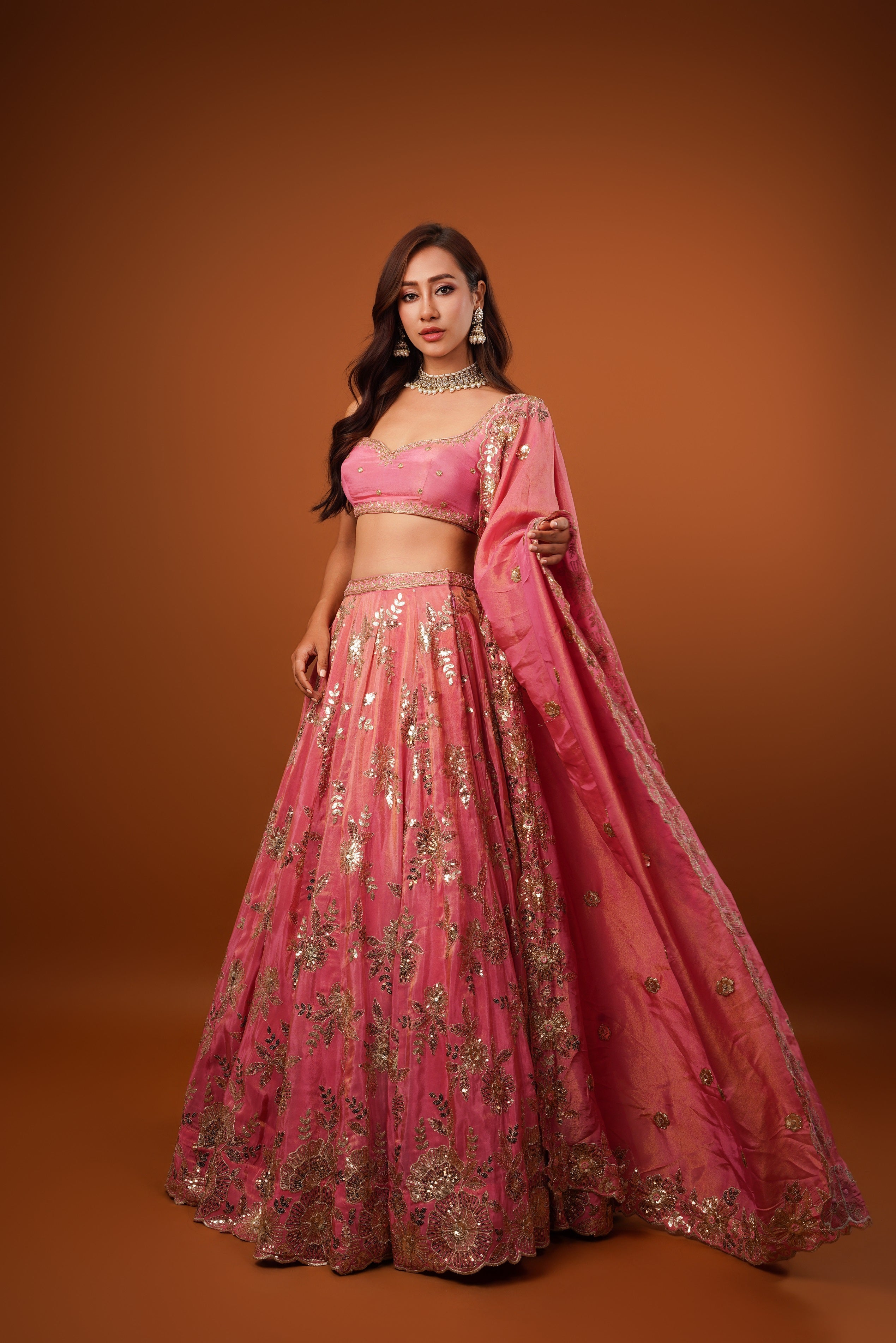 pink gold tissue Embroidered lehenga