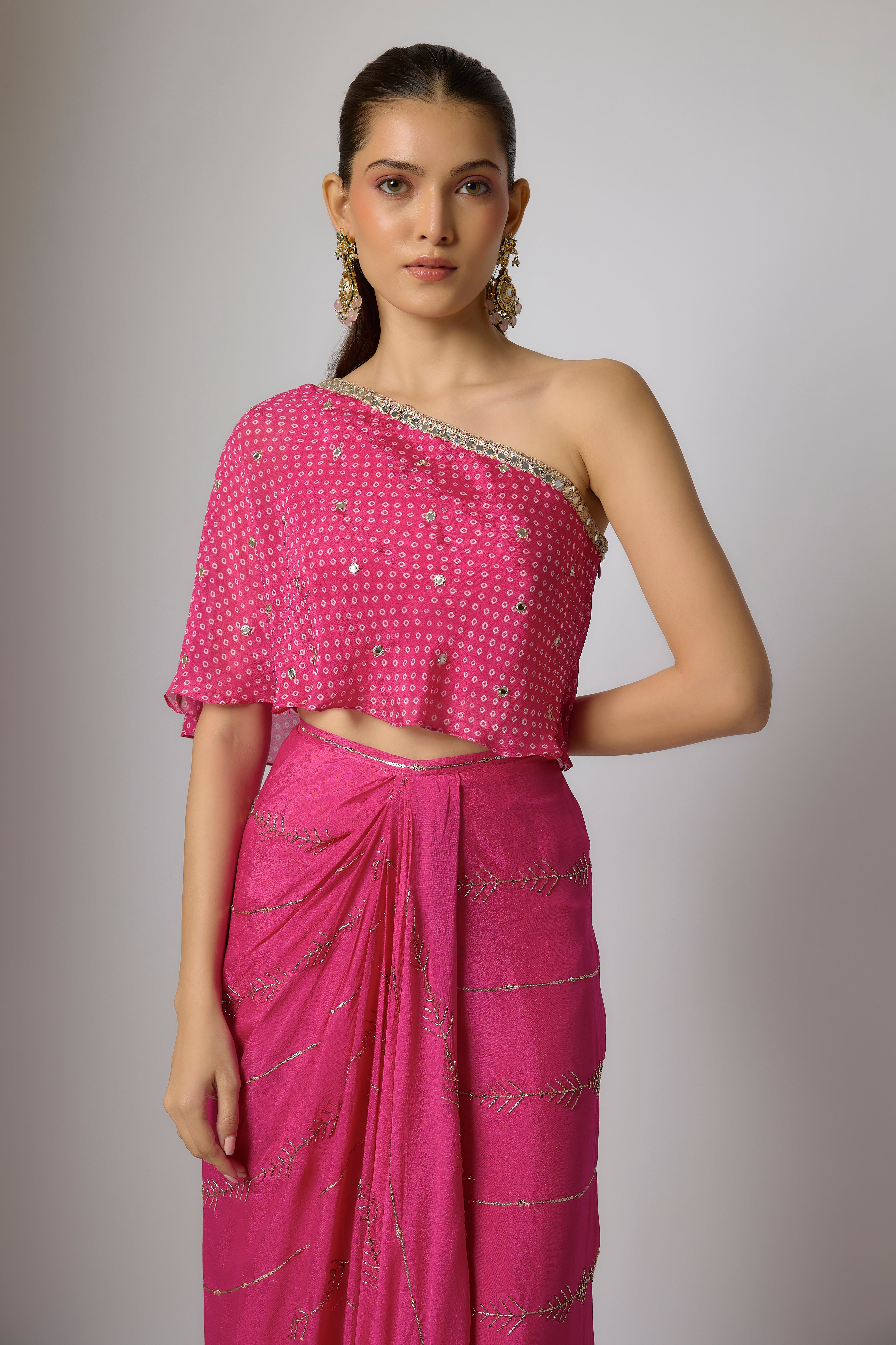 Fuchsia Pink Chinon Embroidered Dhoti Skirt Set
