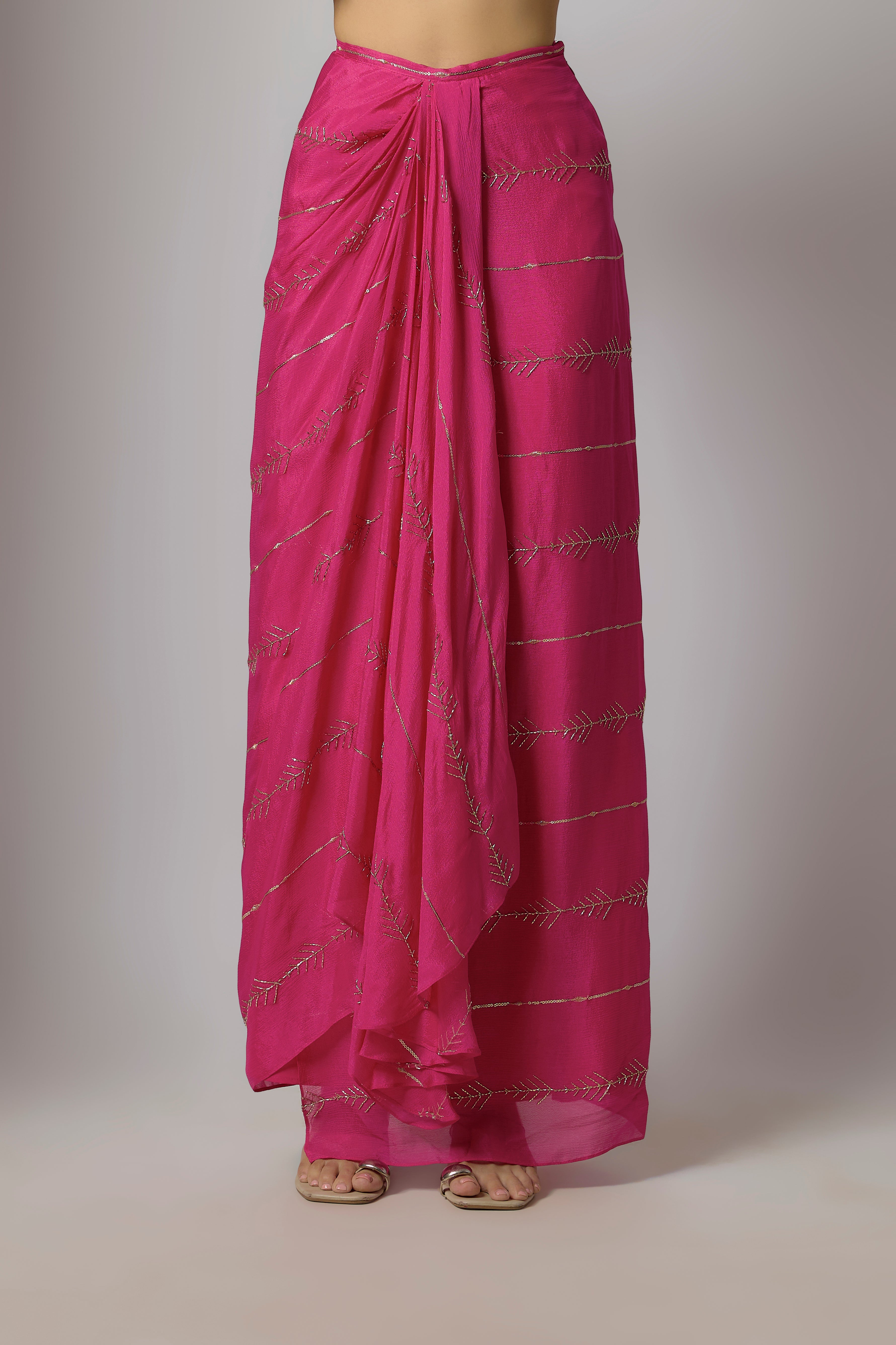 Fuchsia Pink Chinon Embroidered Dhoti Skirt Set