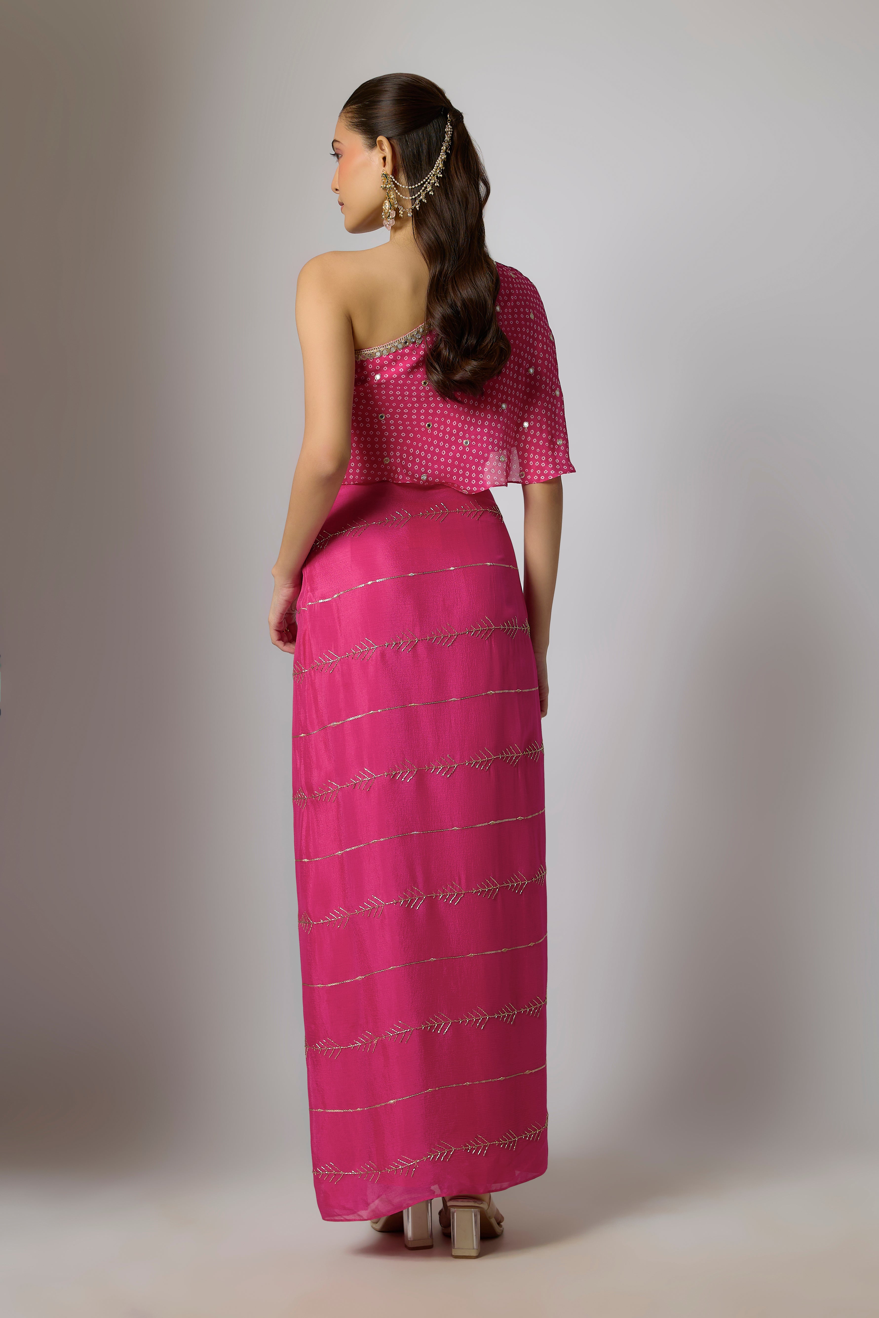 Fuchsia Pink Chinon Embroidered Dhoti Skirt Set