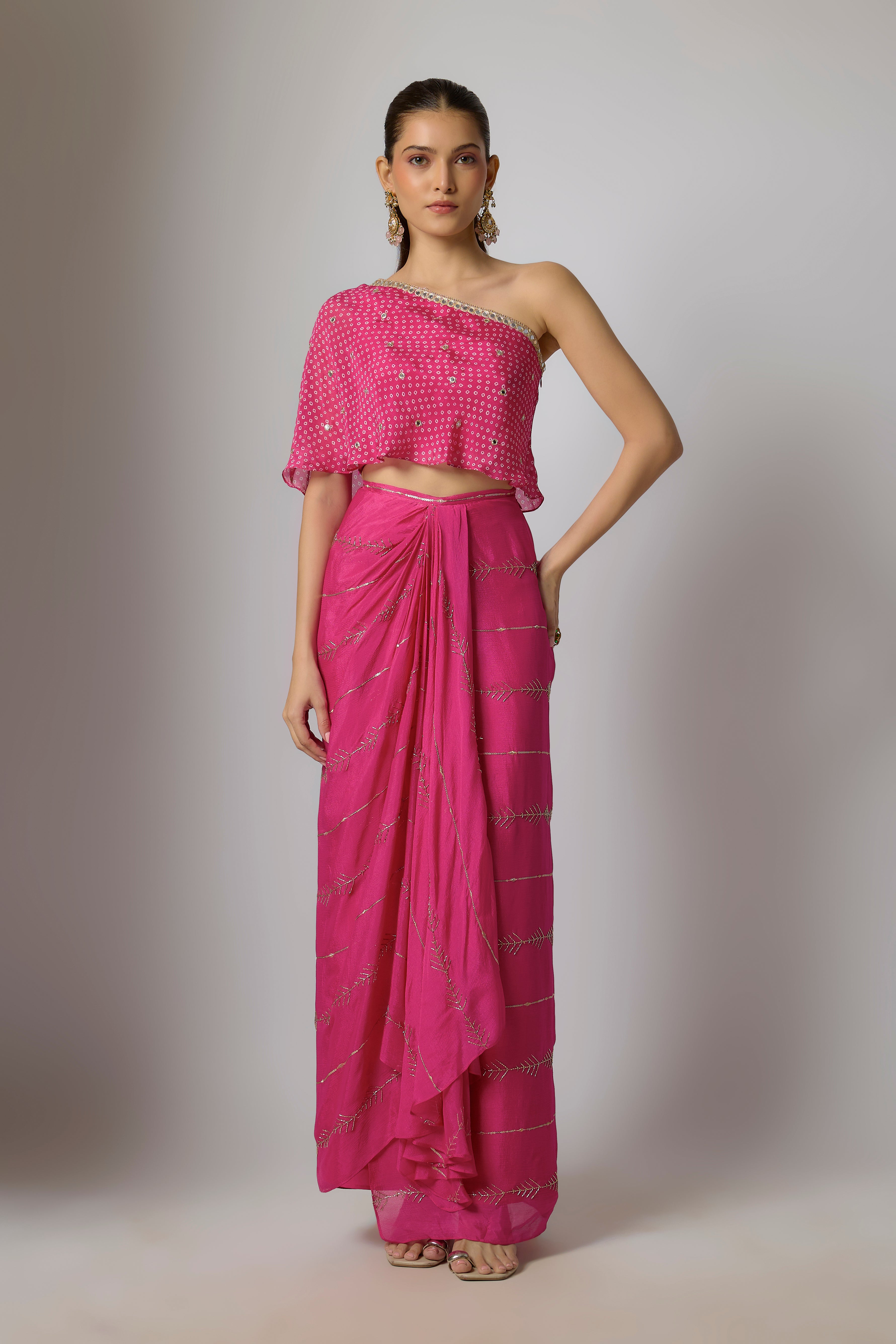 Fuchsia Pink Chinon Embroidered Dhoti Skirt Set