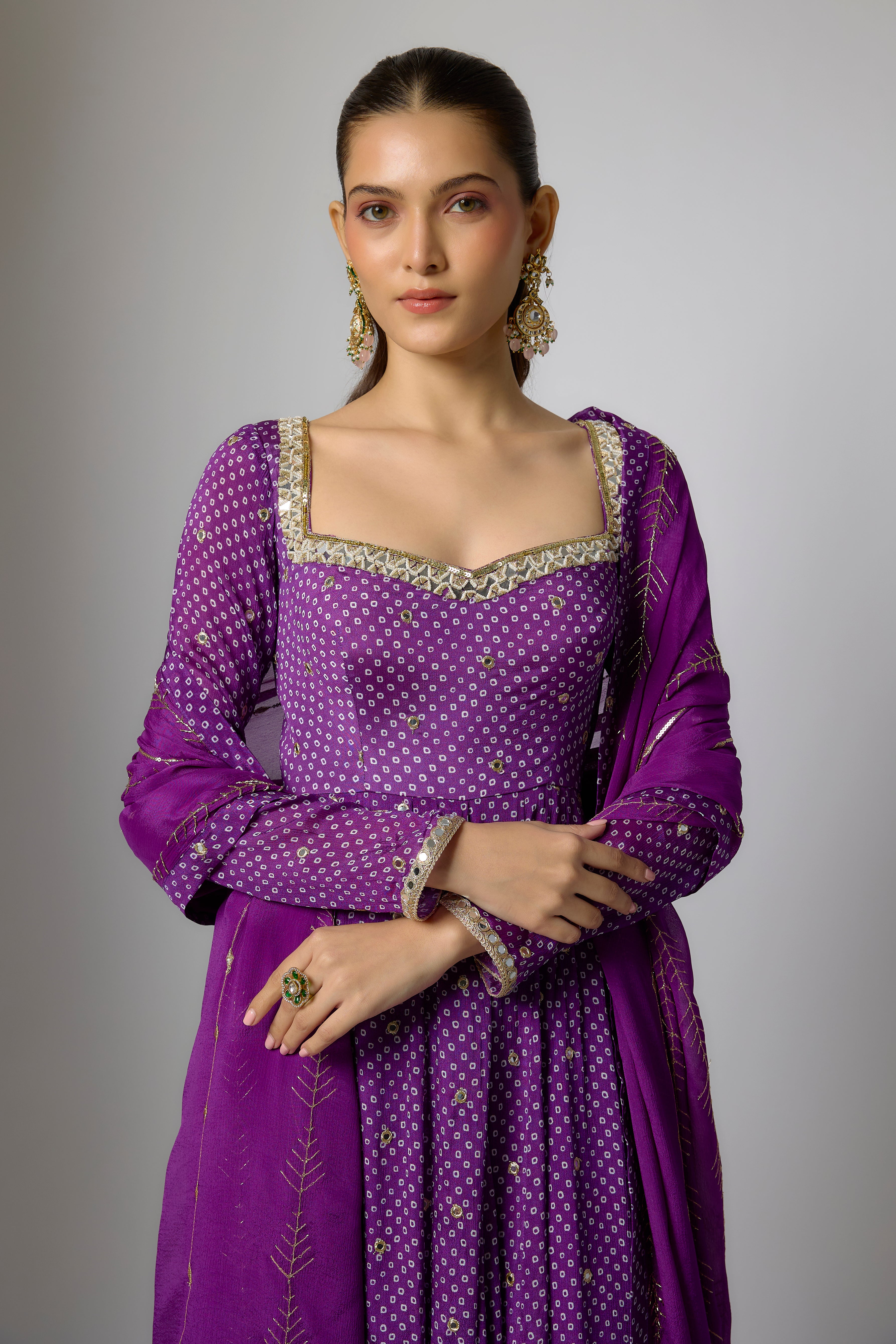 Purple Chinon Embroidered Anarkali Set