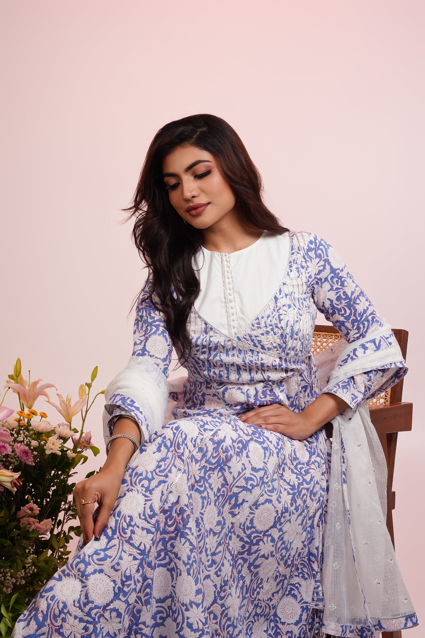 White And Blue Block Printed Anarkali