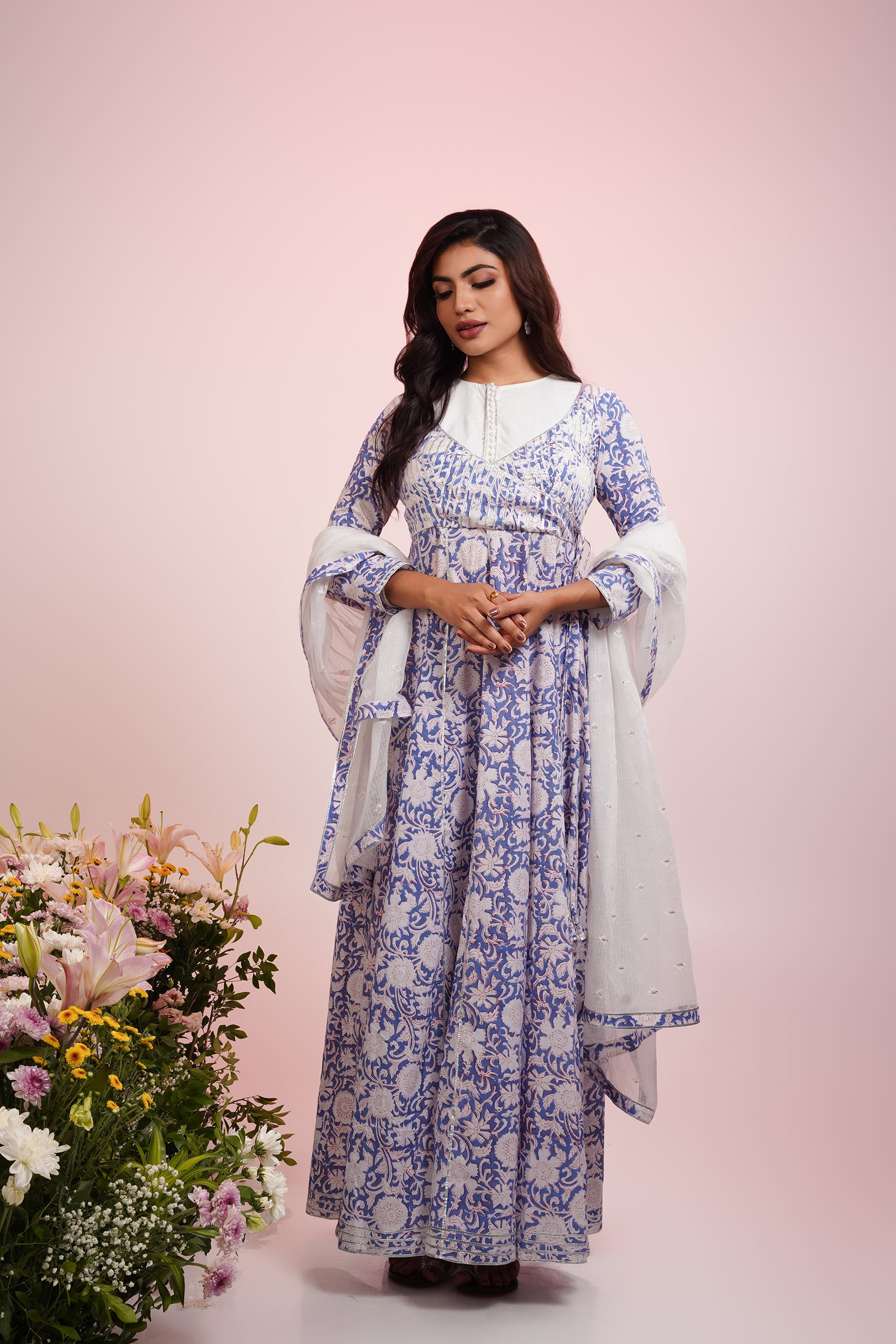 White And Blue Block Printed Anarkali