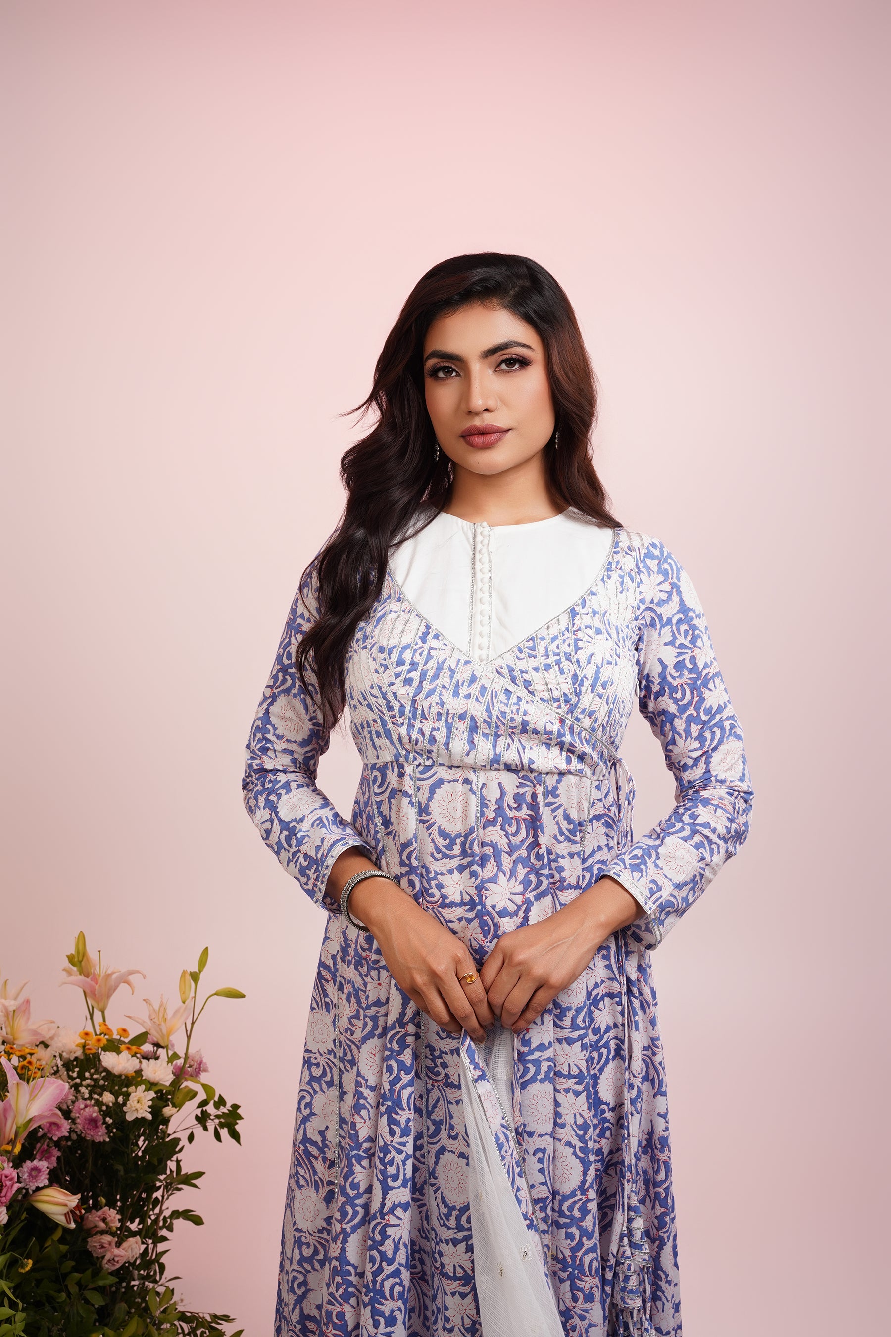 White And Blue Block Printed Anarkali