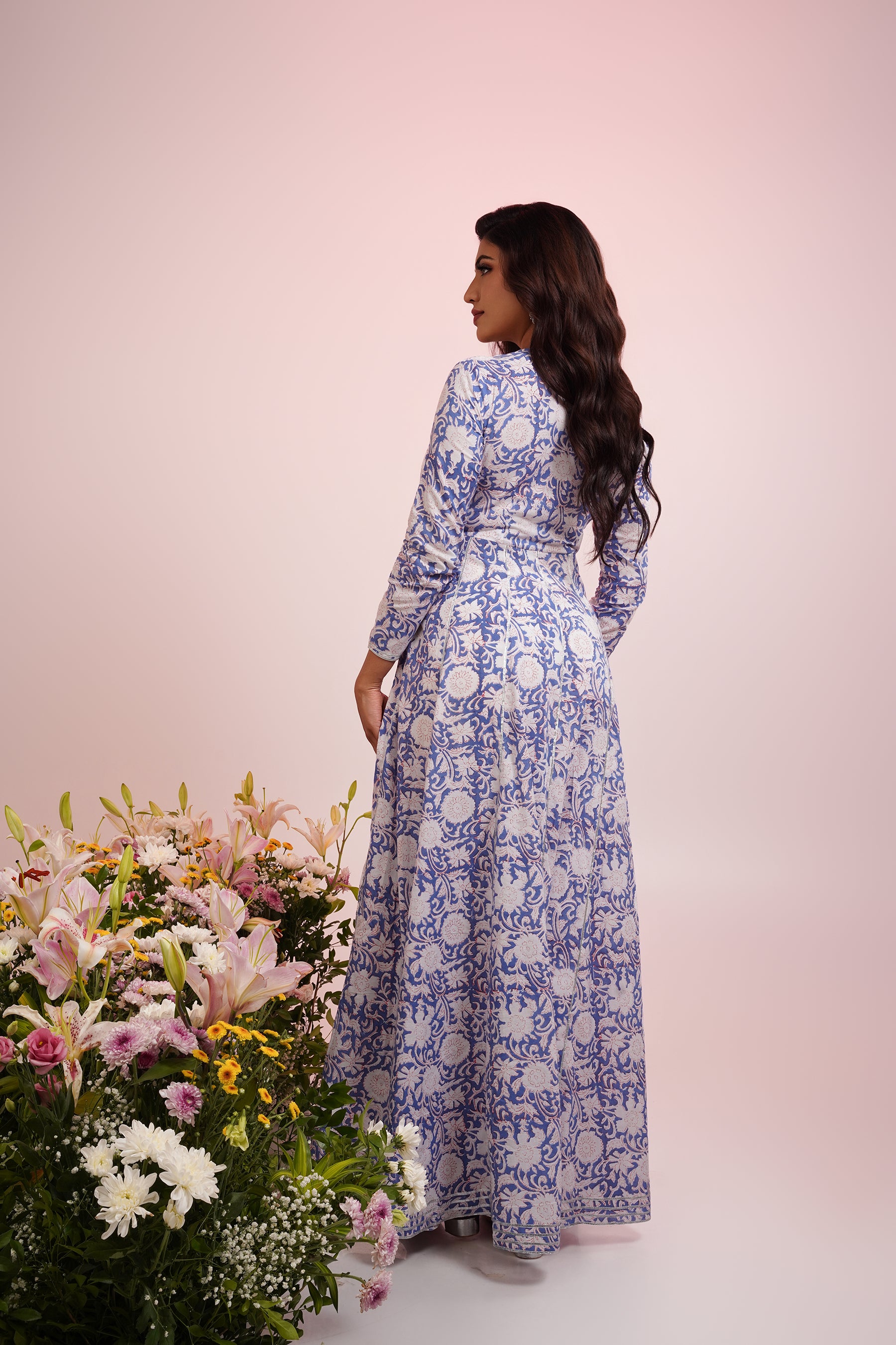 White And Blue Block Printed Anarkali