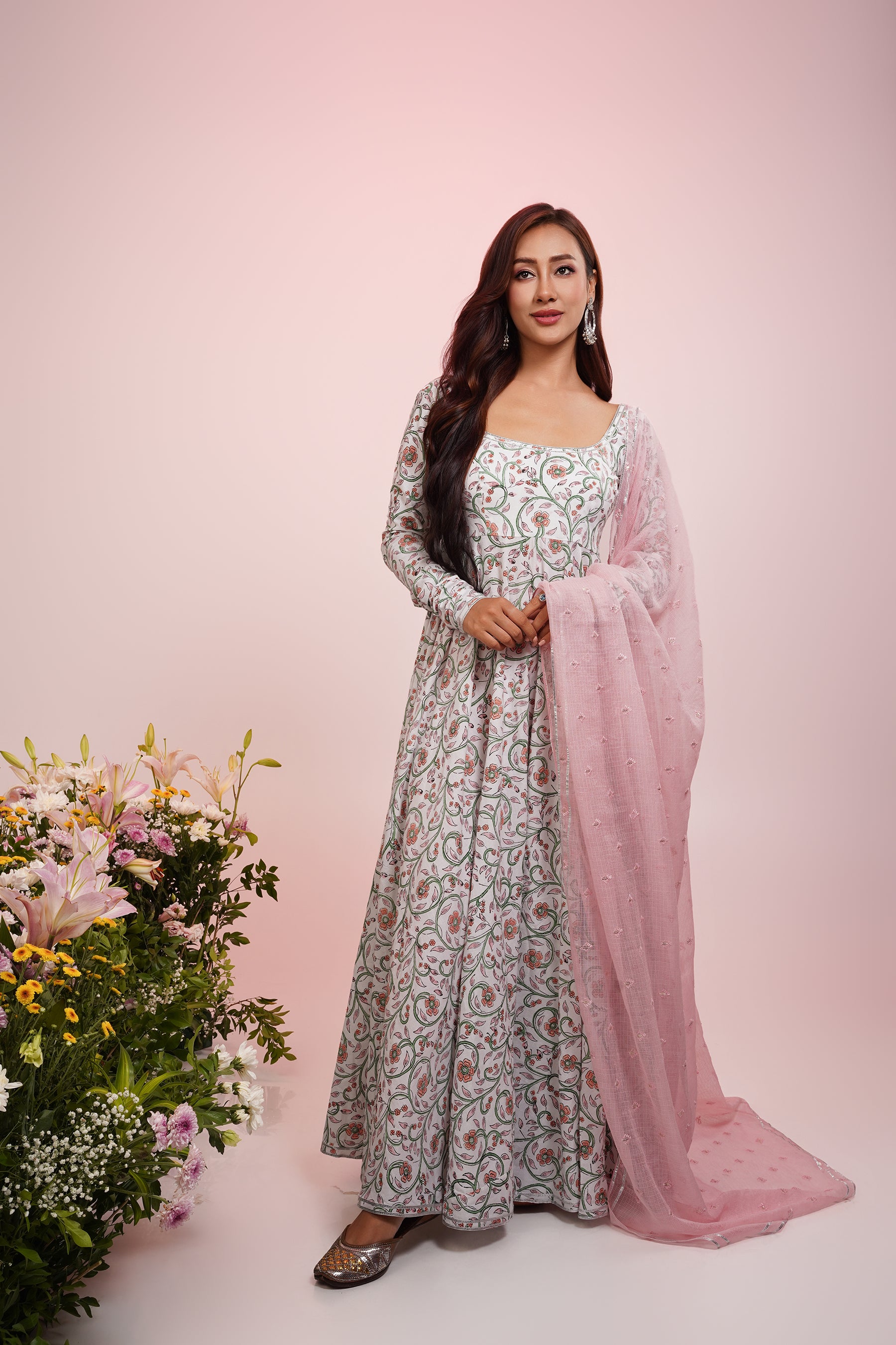 White Floral Printed Anarkali