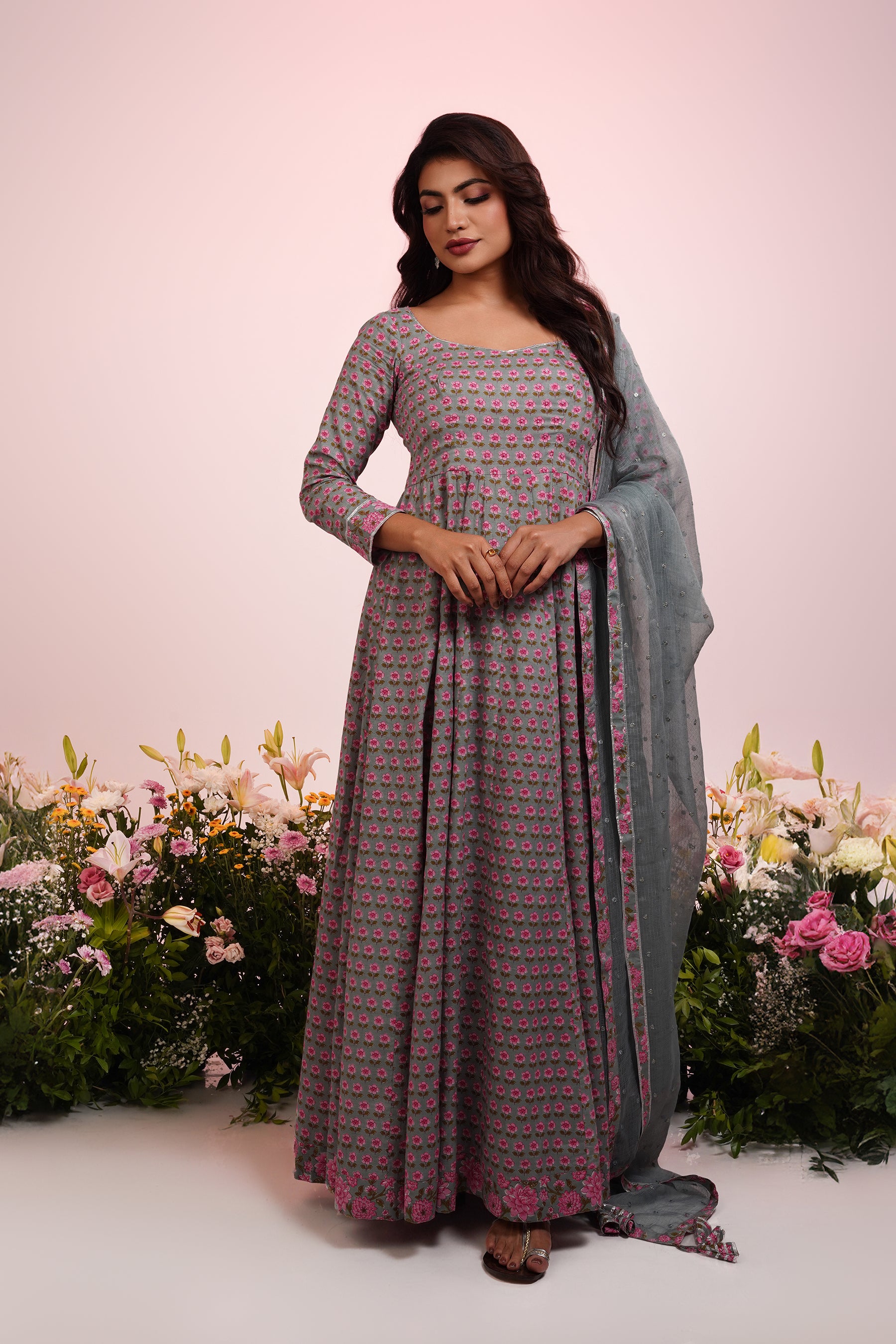 Grey And Pink Cotton Anarkali