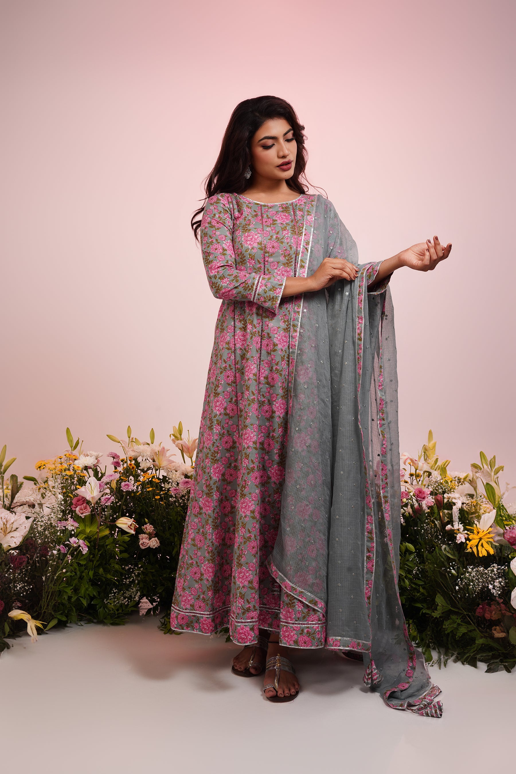 Grey And Pink Cotton Printed Anarkali