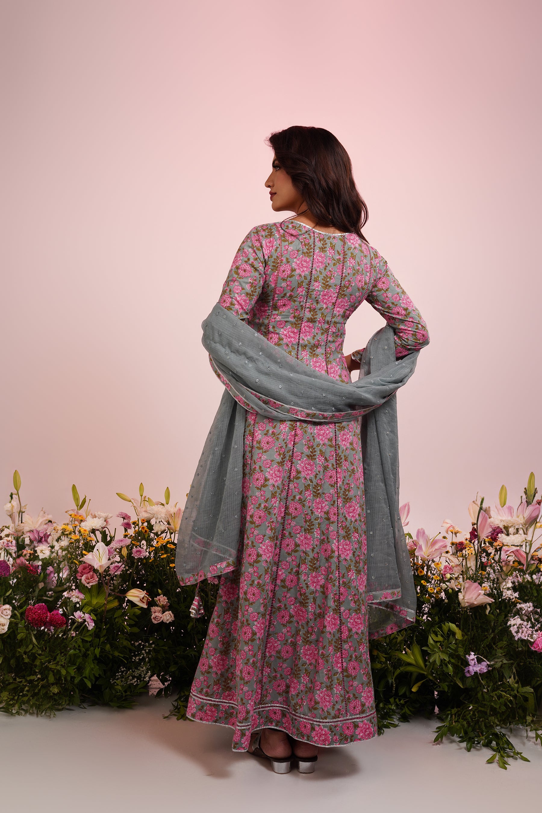 Grey And Pink Cotton Printed Anarkali