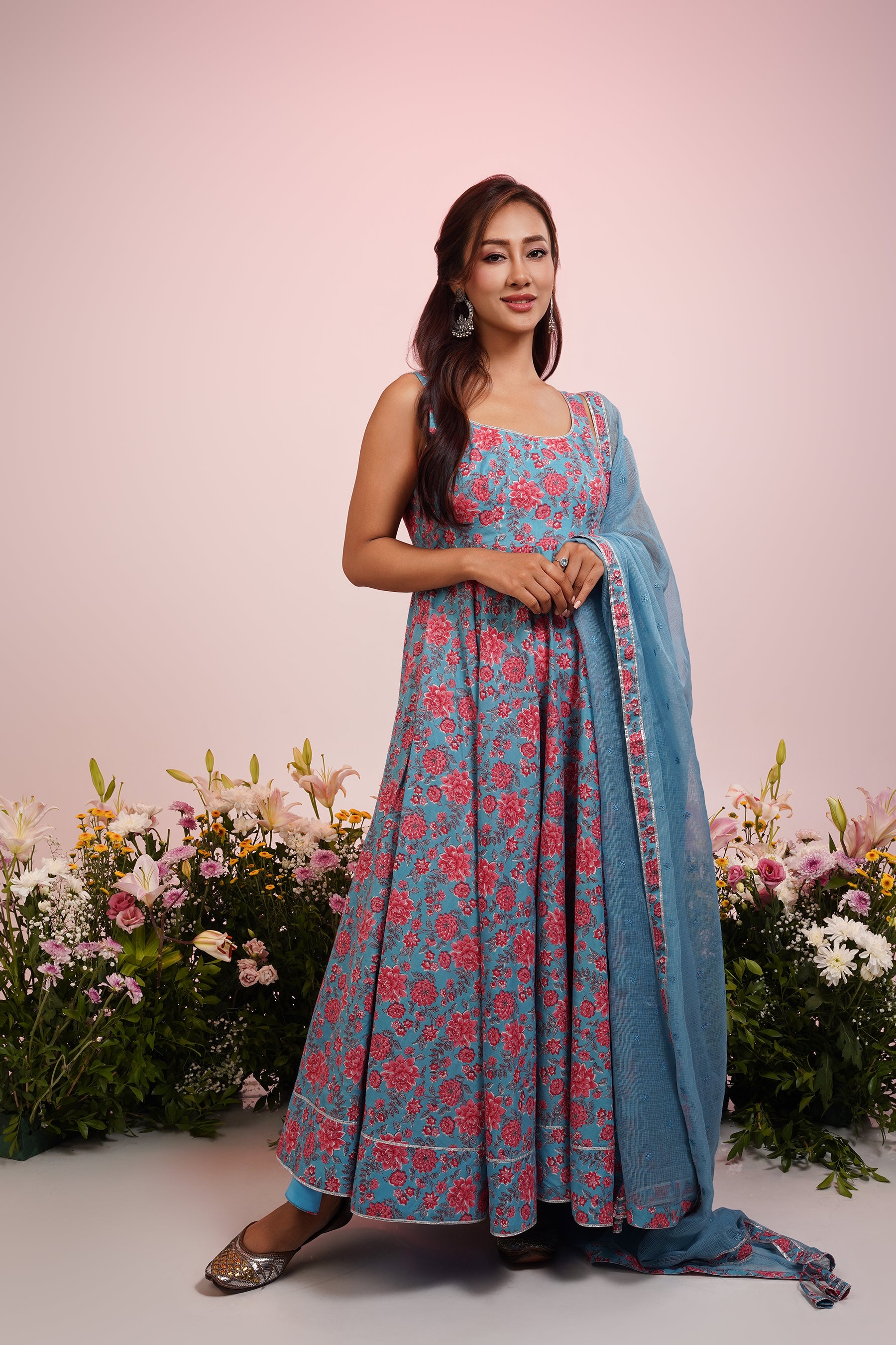 Bright Blue And Peach Printed Cotton Anarkali