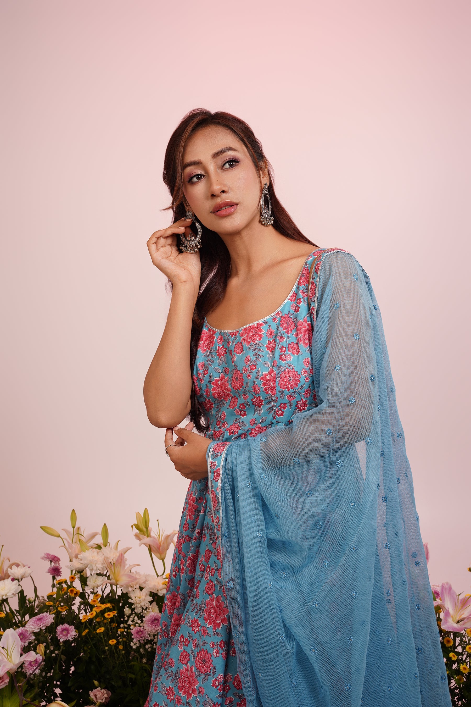 Bright Blue And Peach Printed Cotton Anarkali