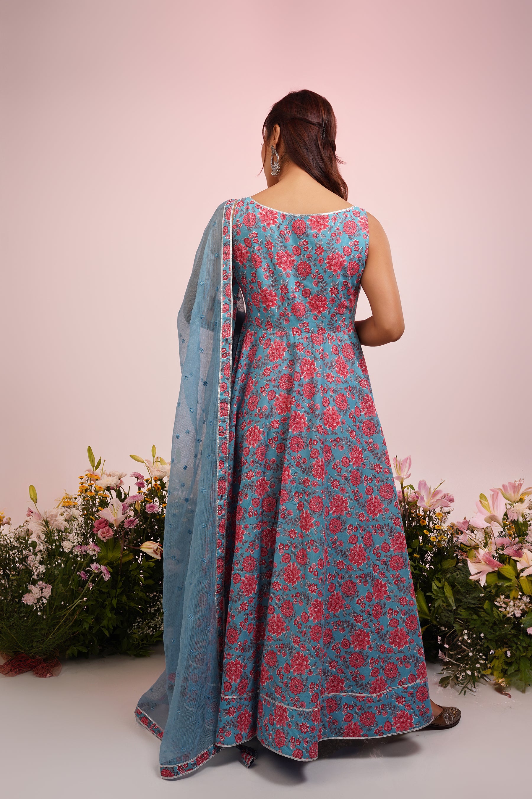 Bright Blue And Peach Printed Cotton Anarkali