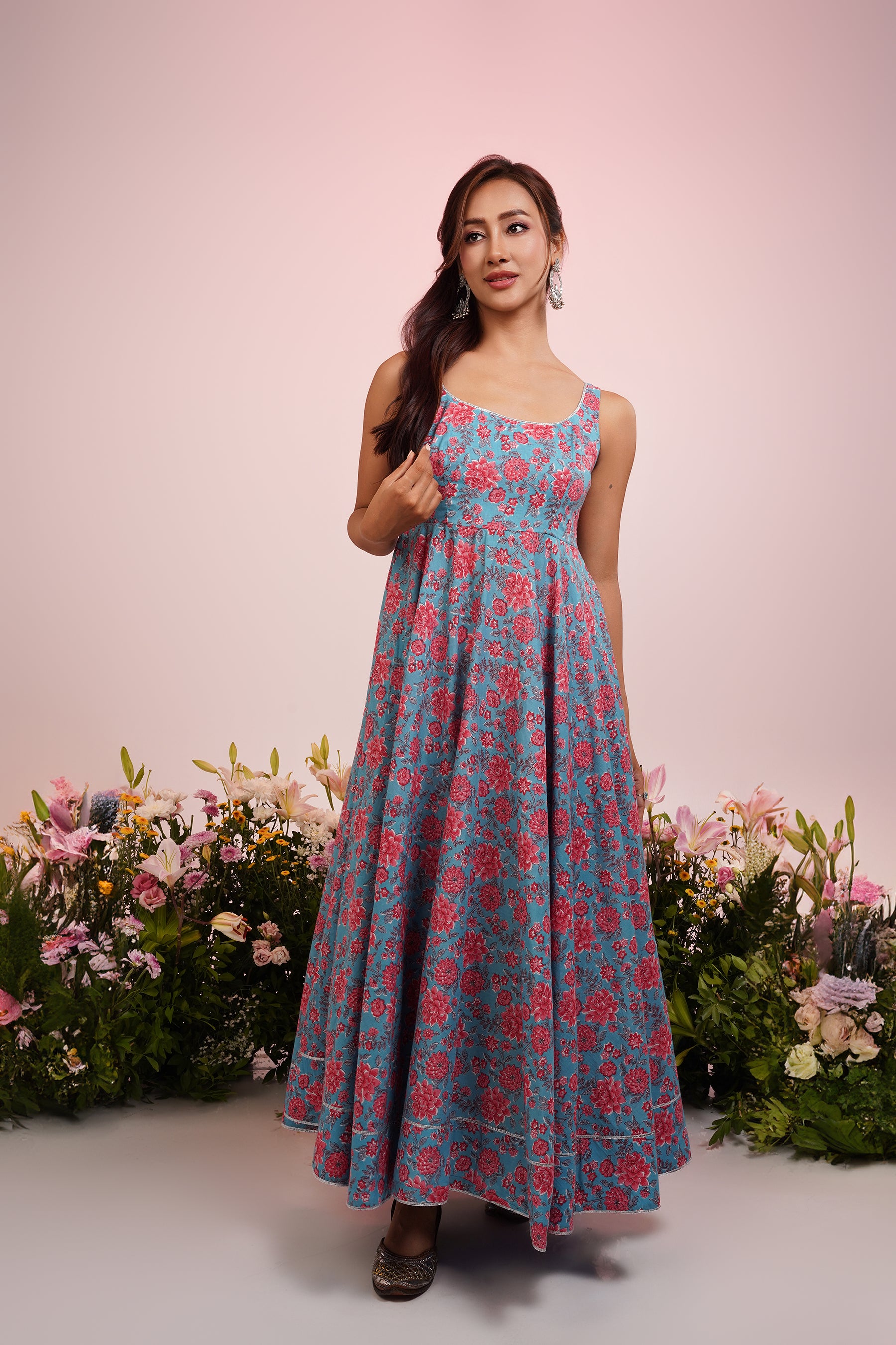 Bright Blue And Peach Printed Cotton Anarkali