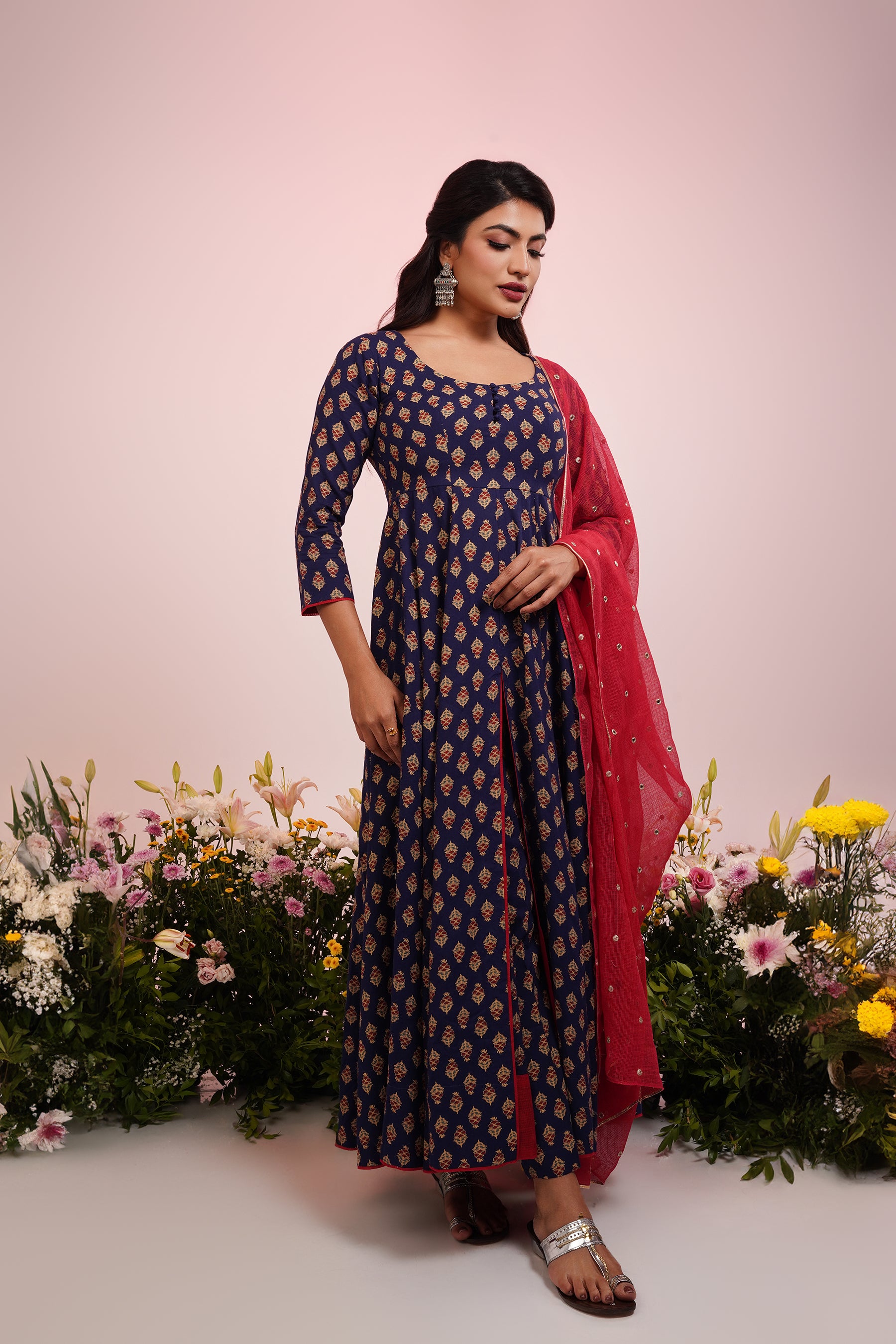 Navy Blue Cotton Printed Anarkali