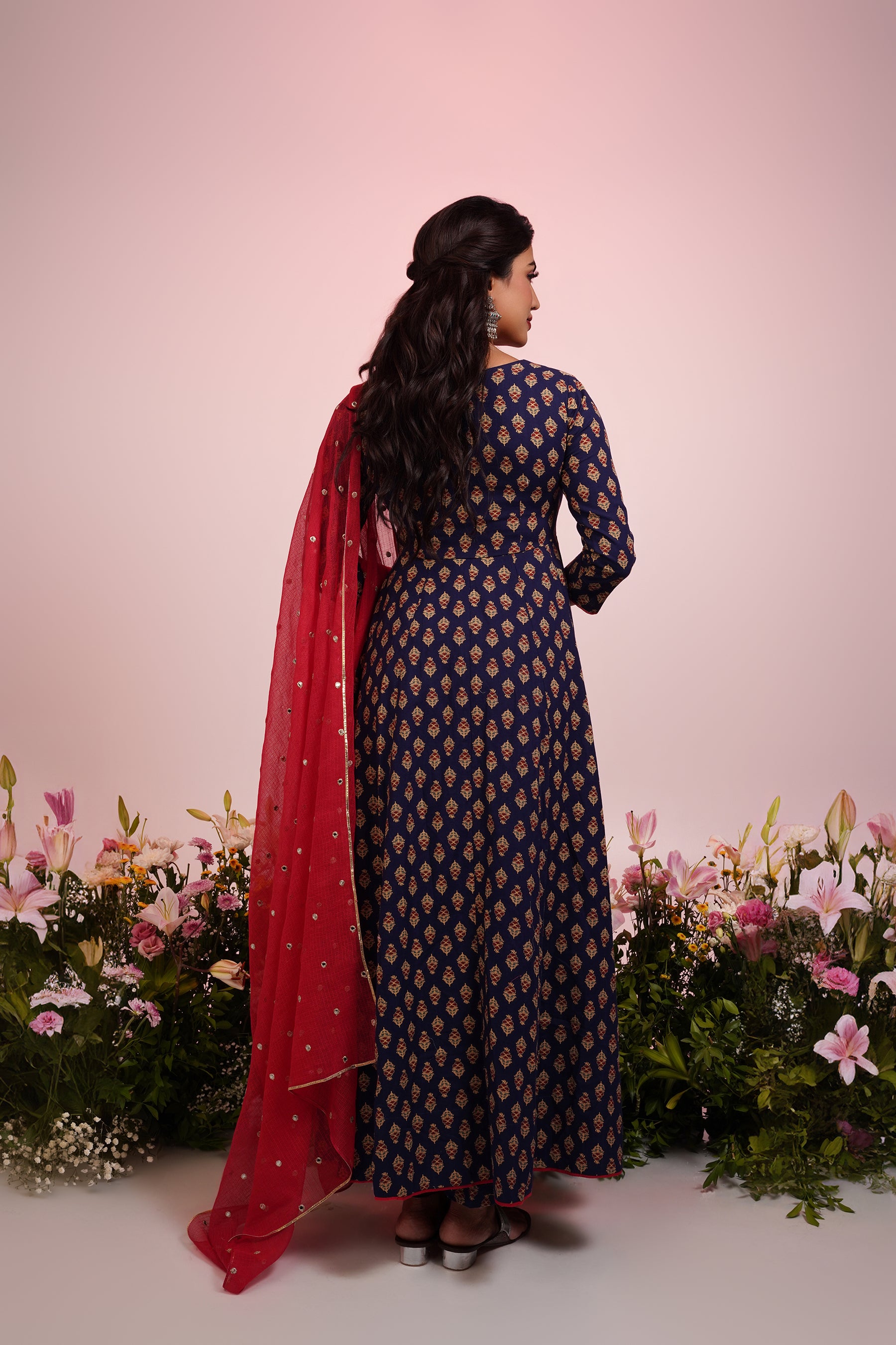 Navy Blue Cotton Printed Anarkali