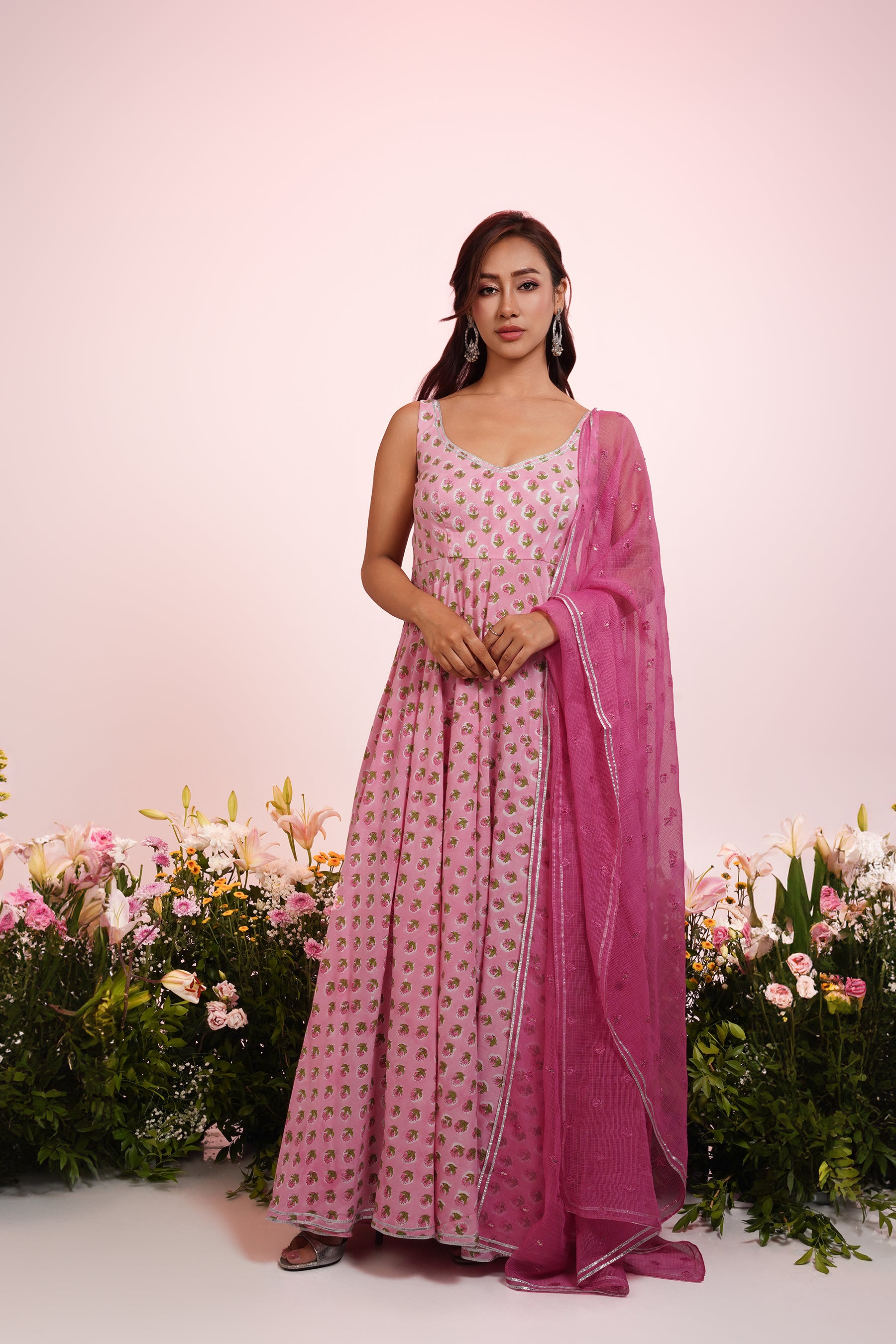 Peach Block Printed Anarkali