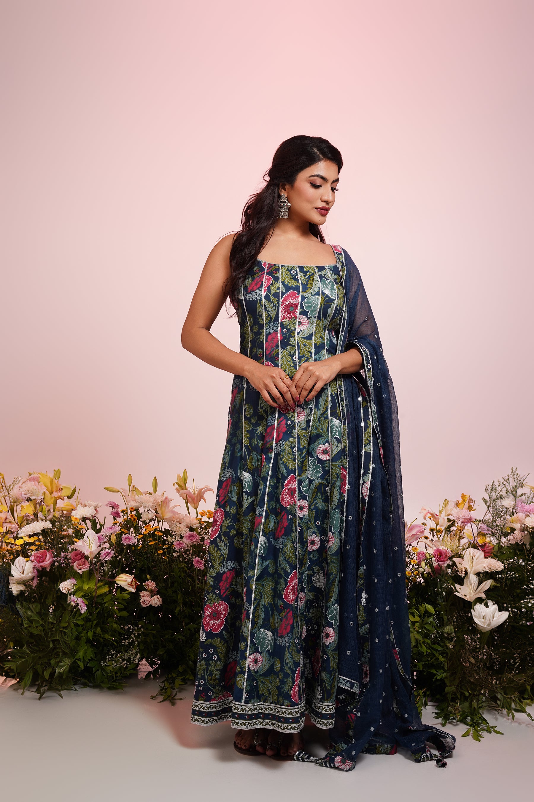 Blue Floral-Printed Anarkali