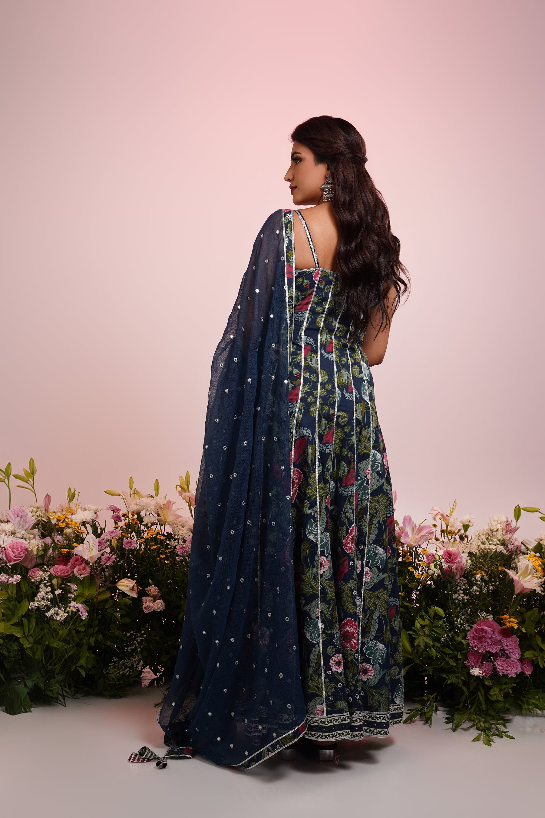 Blue Floral-Printed Anarkali