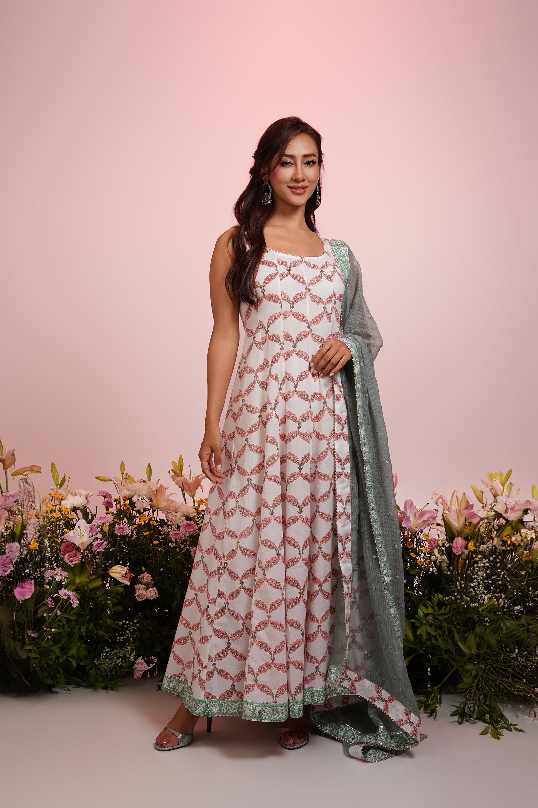 White Floral Block-Printed Anarkali