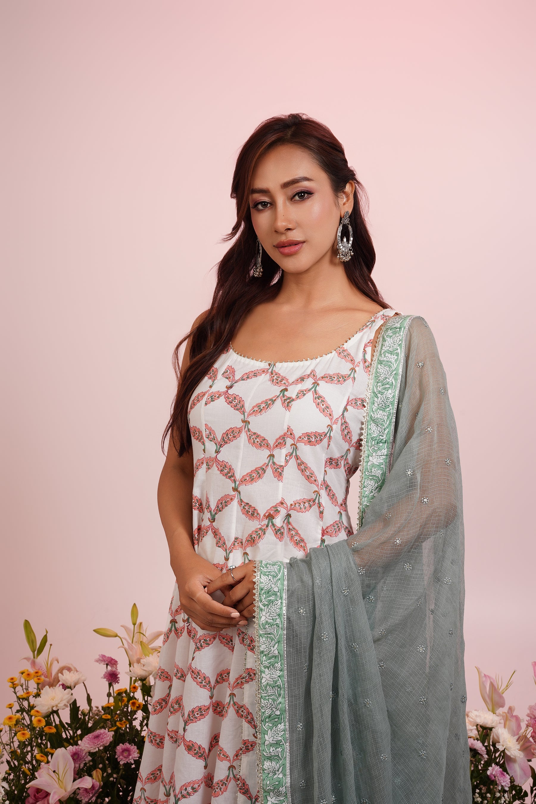 White Floral Block-Printed Anarkali