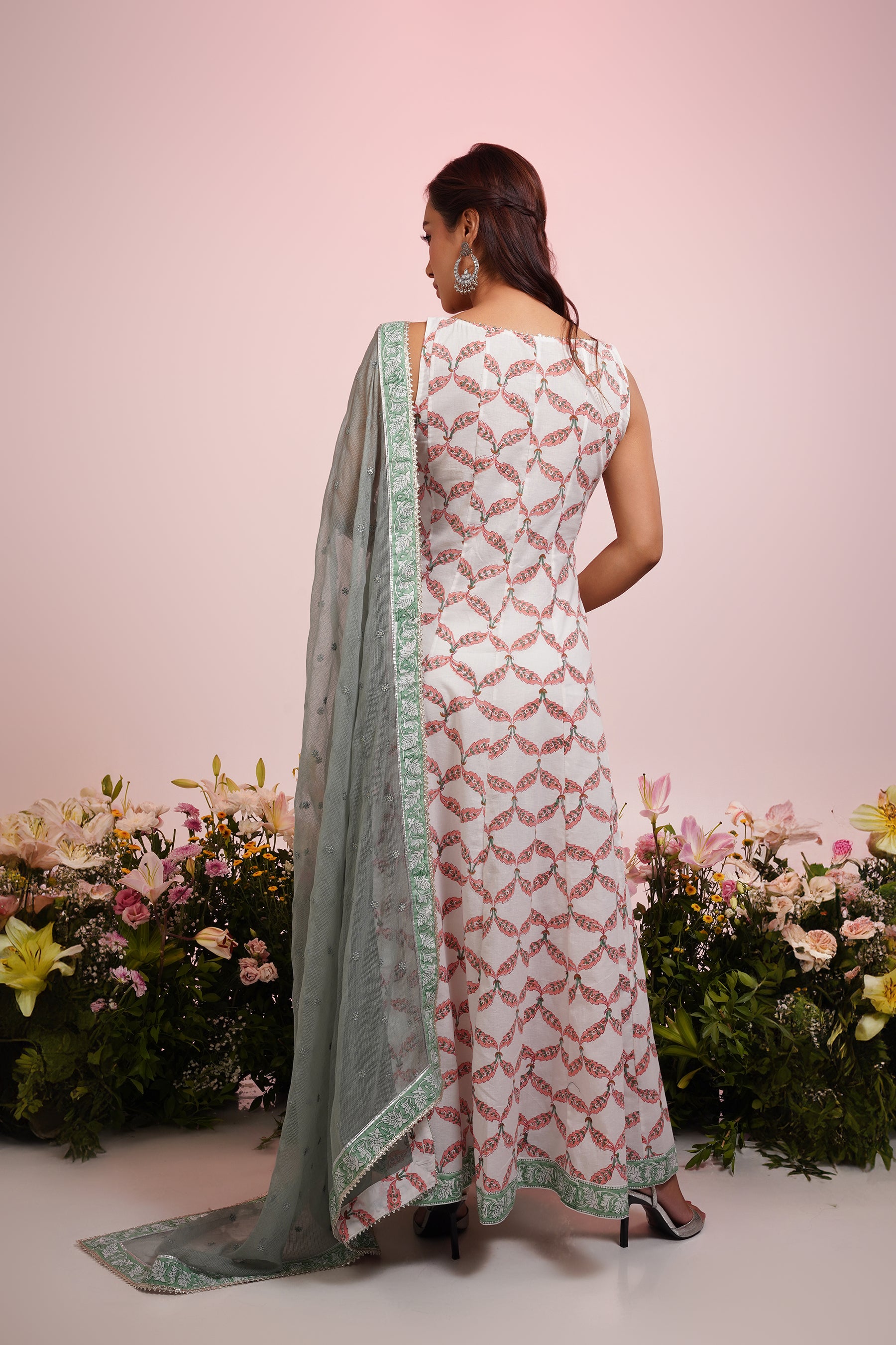 White Floral Block-Printed Anarkali