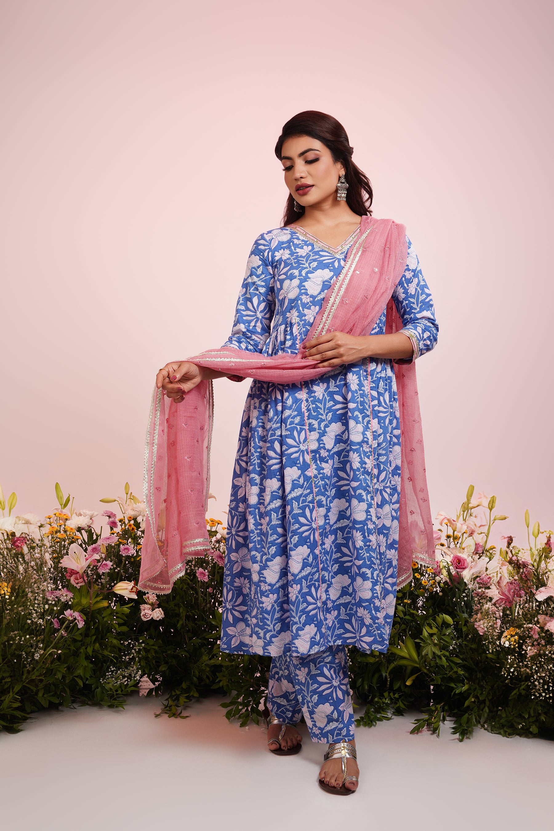 Blue Block-Printed Suit Set