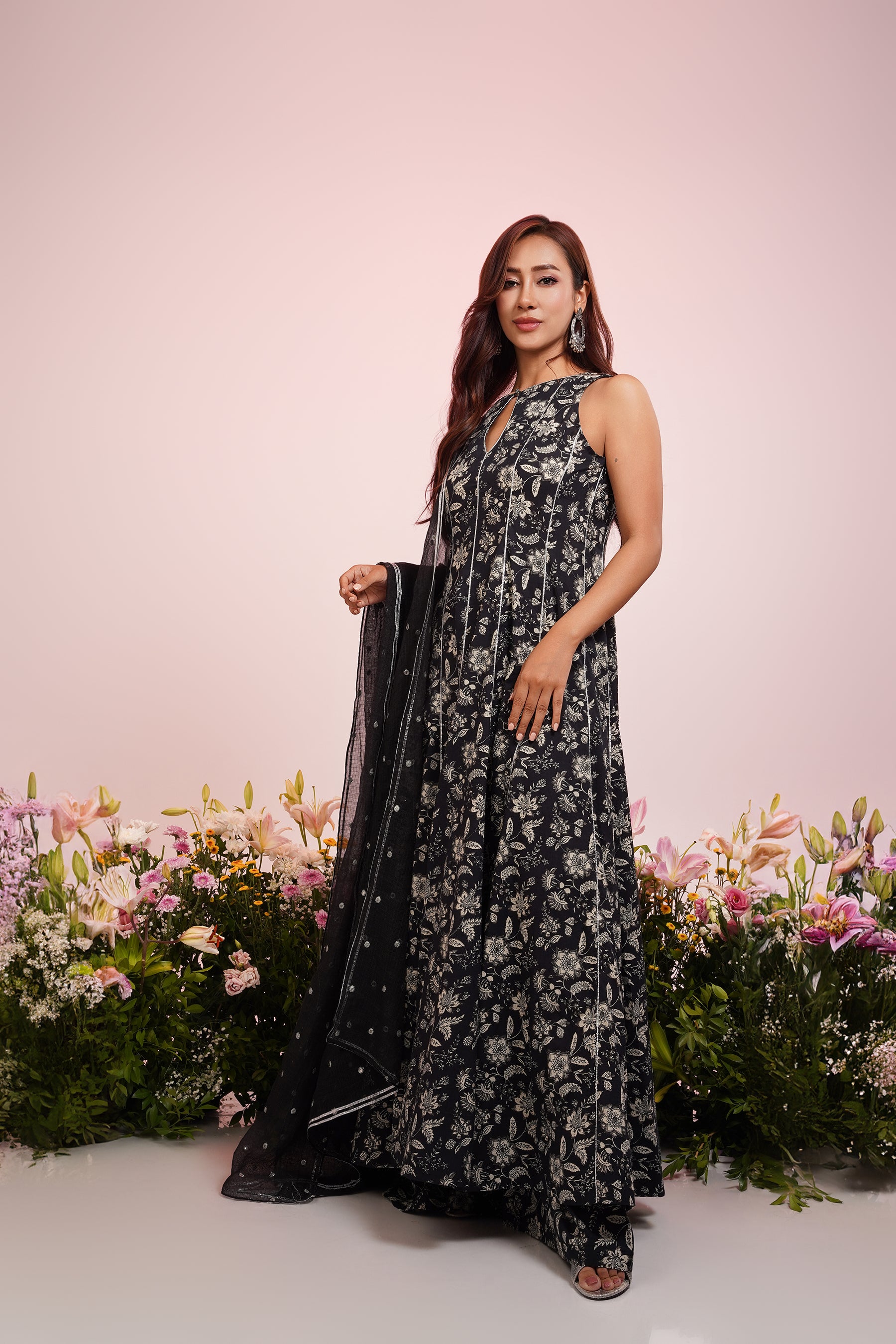 Black Floral-Printed Anarkali